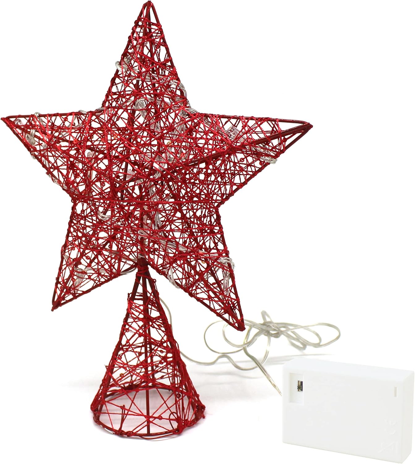CVHOMEDECO. Red Tree Top Star with Warm White LED Lights and Timer for Christmas Ornaments and Holiday Seasonal Décor, 8 x 10 Inch
