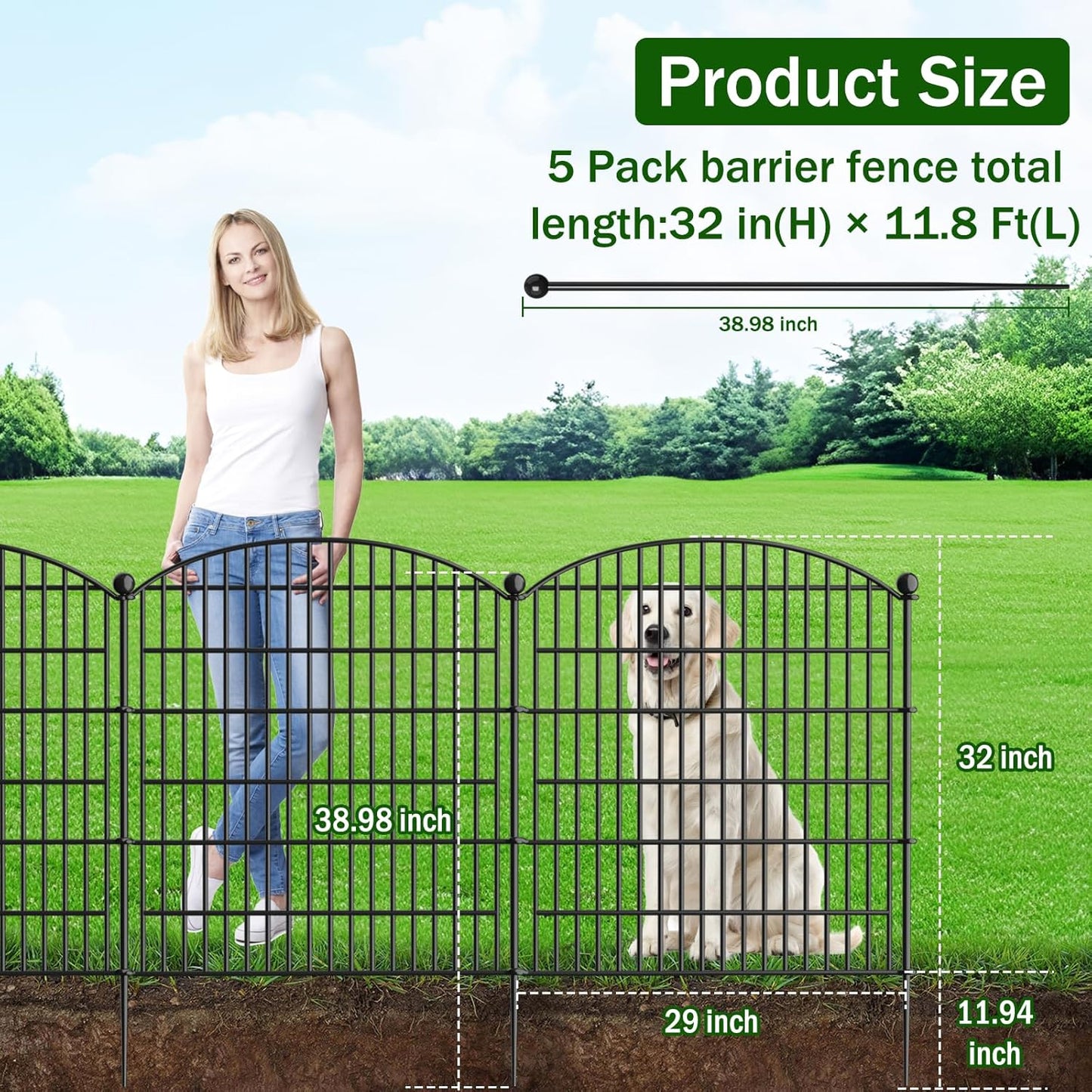 Decorative Garden Fence, 5 Panels - 32 in (H) x 11.8 ft (L) No Dig Dog Fence Outdoor for Yard, Rustproof Tall Garden Fencecing Panels, Animal Barrier Suitable for Yard Border, Patio, and Outdoor Use