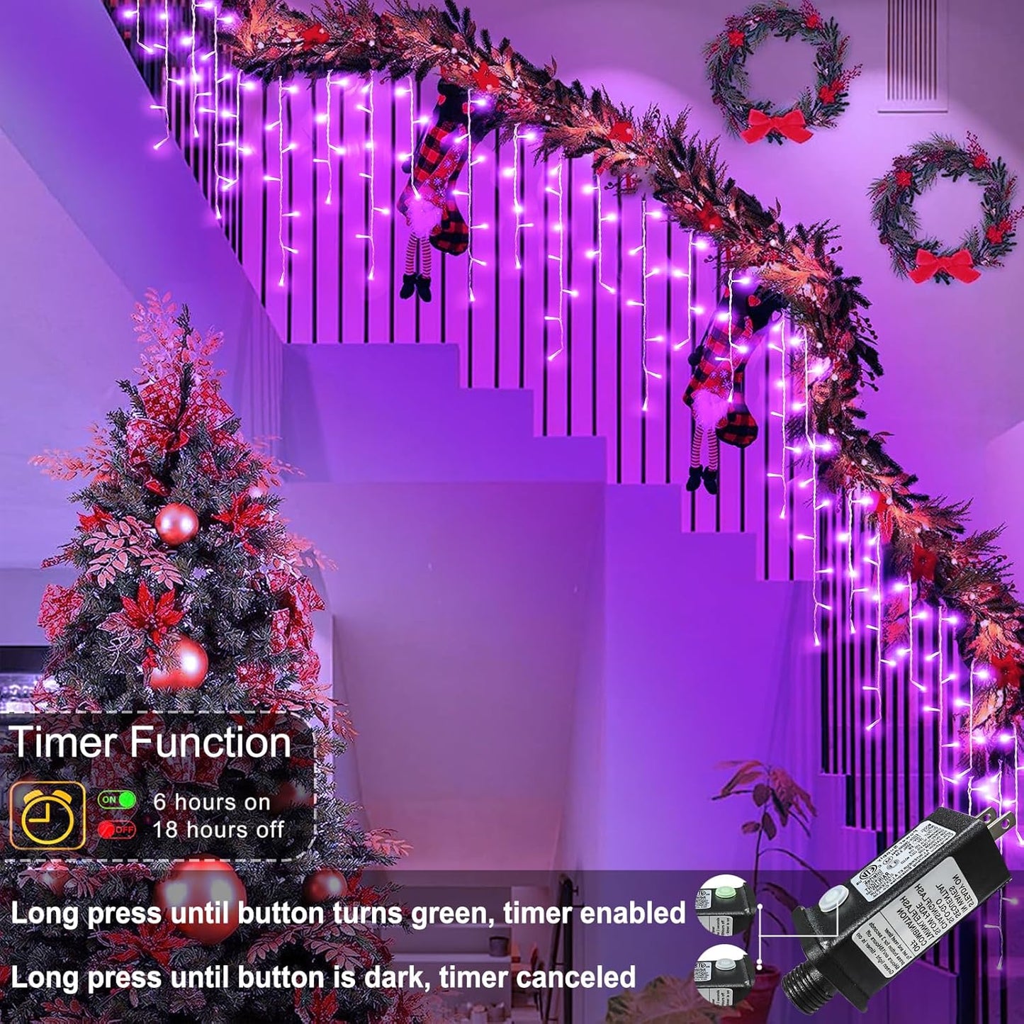 33ft Purple Halloween Lights Outdoor, 400 LED Icicle Lights for Outside Indoor Twinkle Christmas Light with Connectable Clear Wire 8 Modes Timer Waterproof for House Party Tree Holiday Yard Decoration