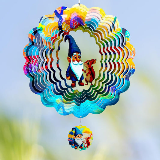 Gnomes Hanging Wind Spinners,12 Inch 3D Garden Spinner Kinetic Art Garden Decorations，Stainless Steel Reflective Wind Spinners for Yard