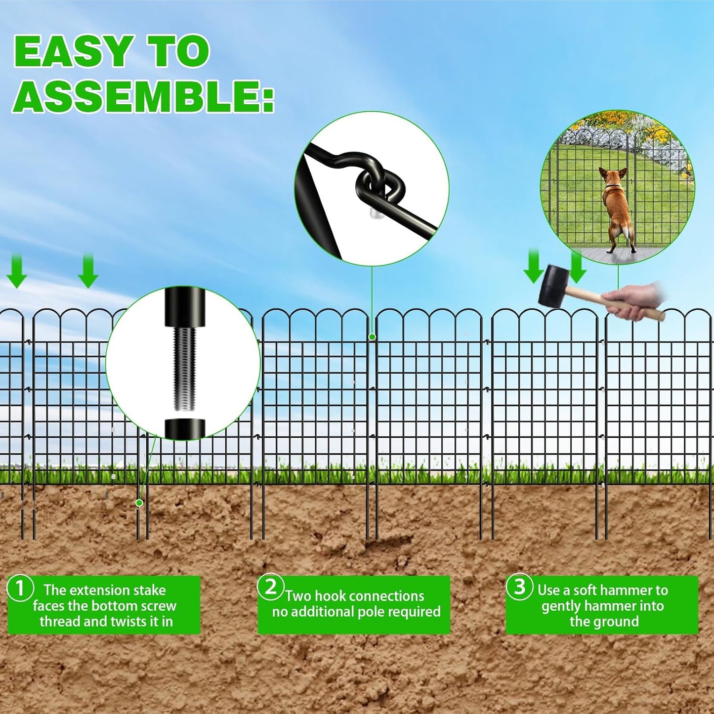 10 Panels Garden Fence Dog Fence Outdoor for Yard, 32 in(H) X 24 ft(L) No Dig Animal Barrier, Rustproof Decorative Metal Temporary Fencing Stakes for Dogs, Flower Vegetable Bed, Patio Outdoor Use