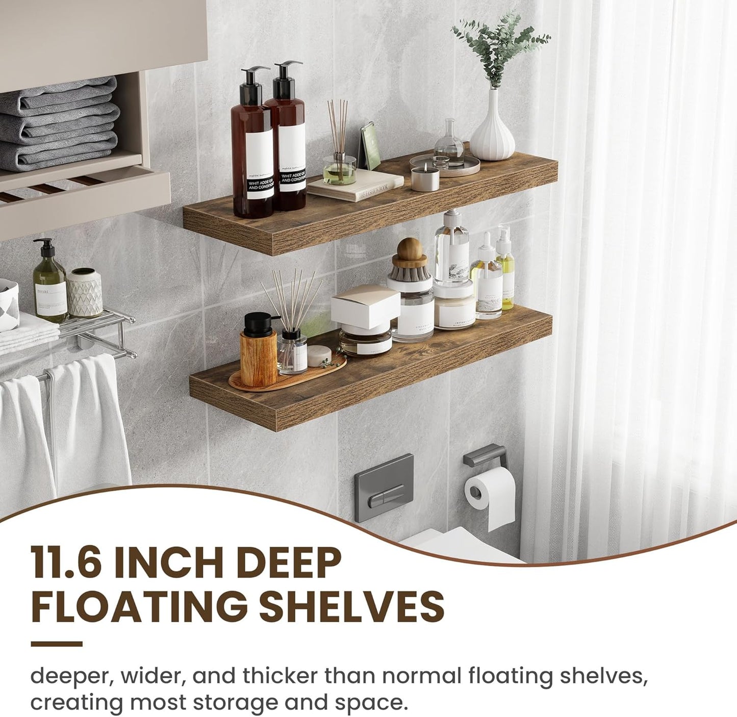 36 Inch Floating Shelves, 12 Inch Deep Floating Shelves for Wall, Floating Shelf with Invisible Brackets, Deep Shelves for Bathroom, Bedroom, Living Room, 2 Pack, Brown