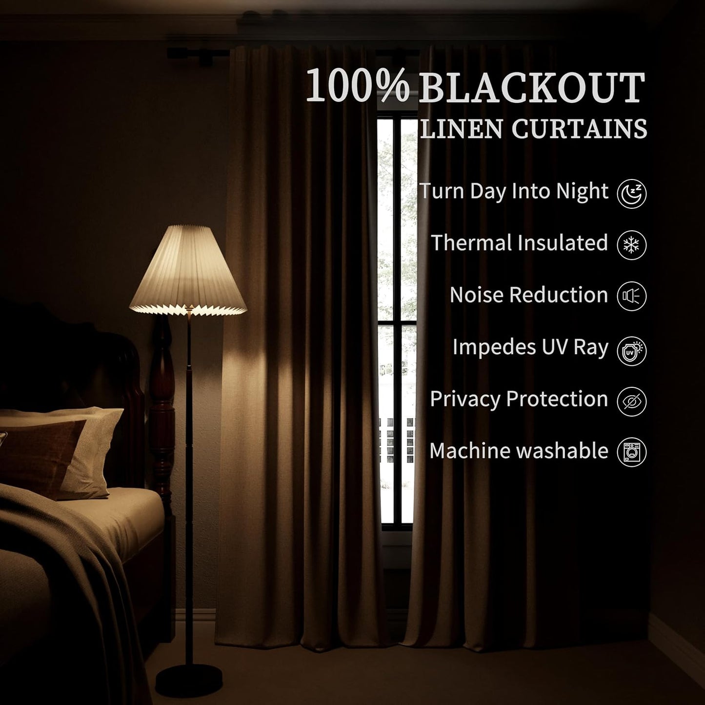 108 Inch Black Out Curtains 2 Panels Set Back Tab Thermal Insulated Natural Linen Textured Blackout Curtains Noise Reducing Dark Taupe Neutral Living Room Darkening Window Drapes Pleated 52x108