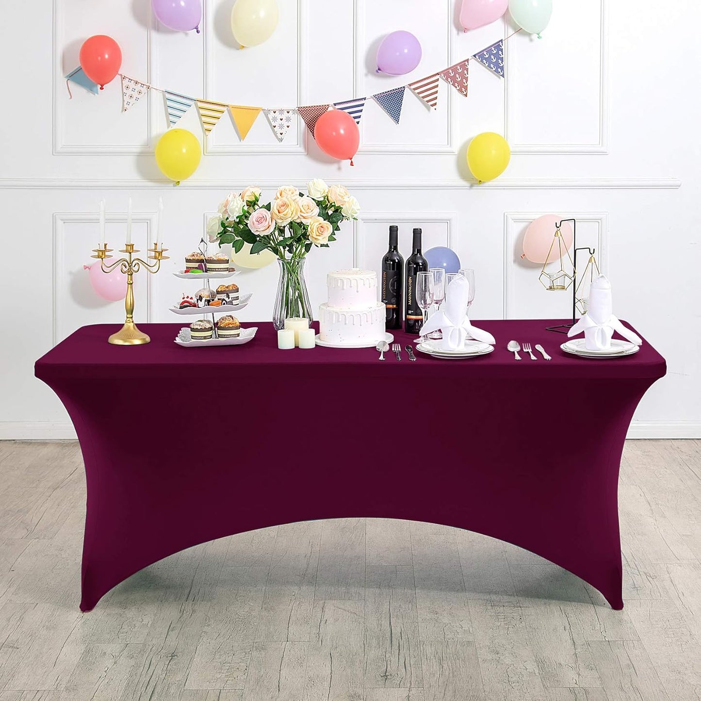 2Pack Spandex Table Cover for 4FT or 6ft or 9ft Table Universal Fitted Stretch Tablecloth for Party, Banquet, Wedding and Events-Burgundy