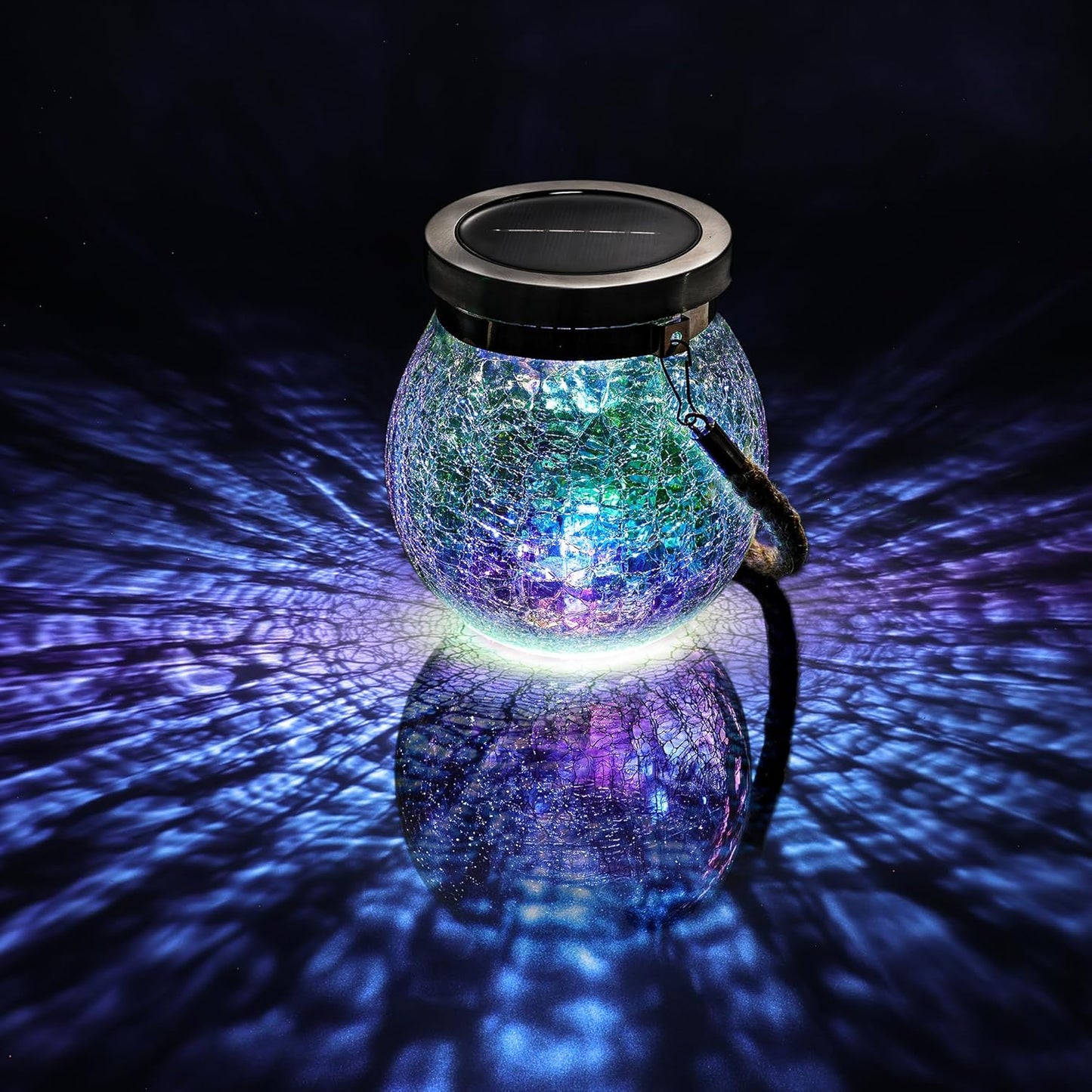 Cooo 6 Pack Solar Lantern Outdoor Waterproof Iridescent Crackle Glass with 215% Larger Solar Panel, Stainless Steel Lid – Rainbow Glass Hanging Light with Cool White LED for Garden Patio Table