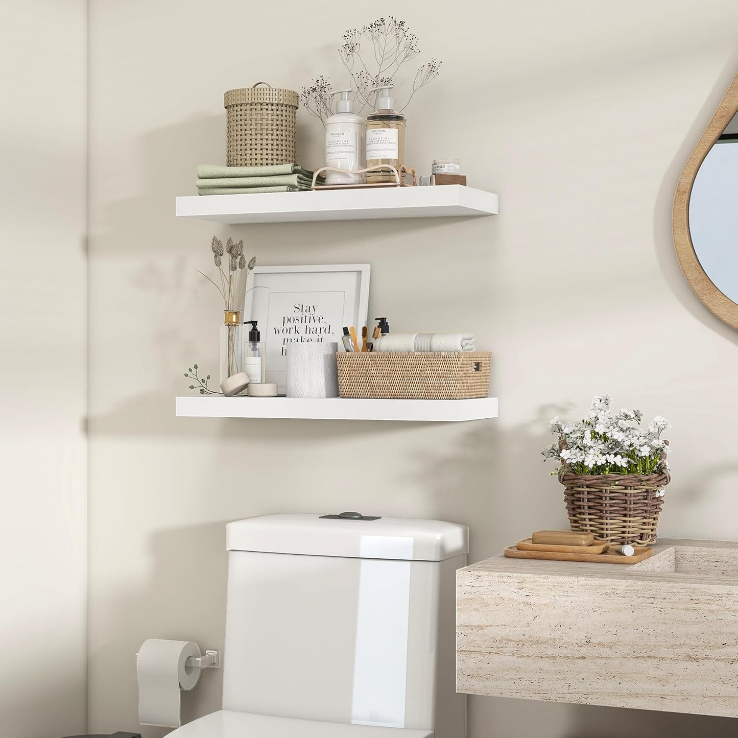 Heimlove 24 inch Floating Shelves for Wall,9.3 inch deep White Wood Shelves with Invisible Brackets,Wall Mounted Storage & Display Shelves for Bedroom,Living Room,Set of 2