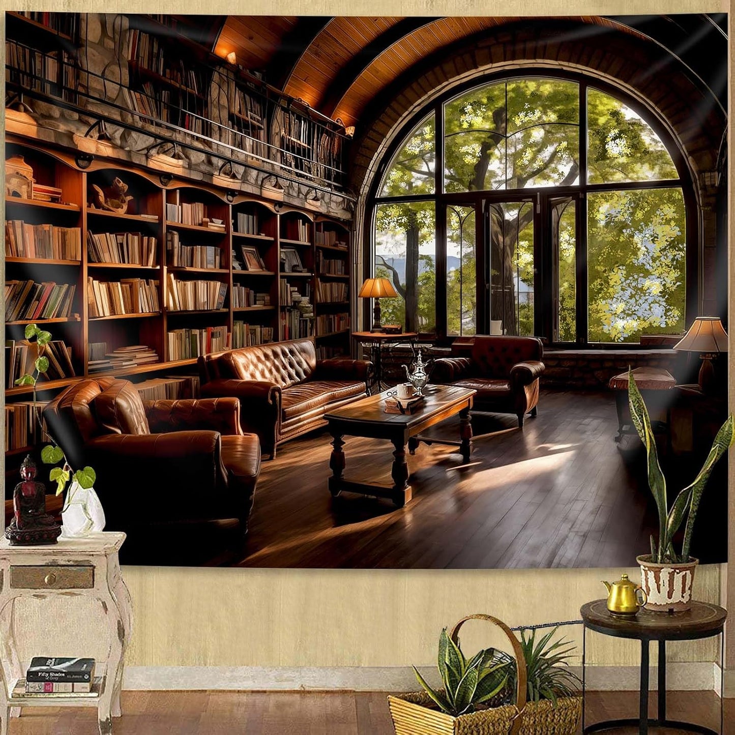 dueeia Book Library Tapestry Wall Hanging Medieval Bookshelf Vintage Window Bookcase Backdrop Wall Decor for Bedroom Aesthetic Living Room Office (28.7"x37.4")