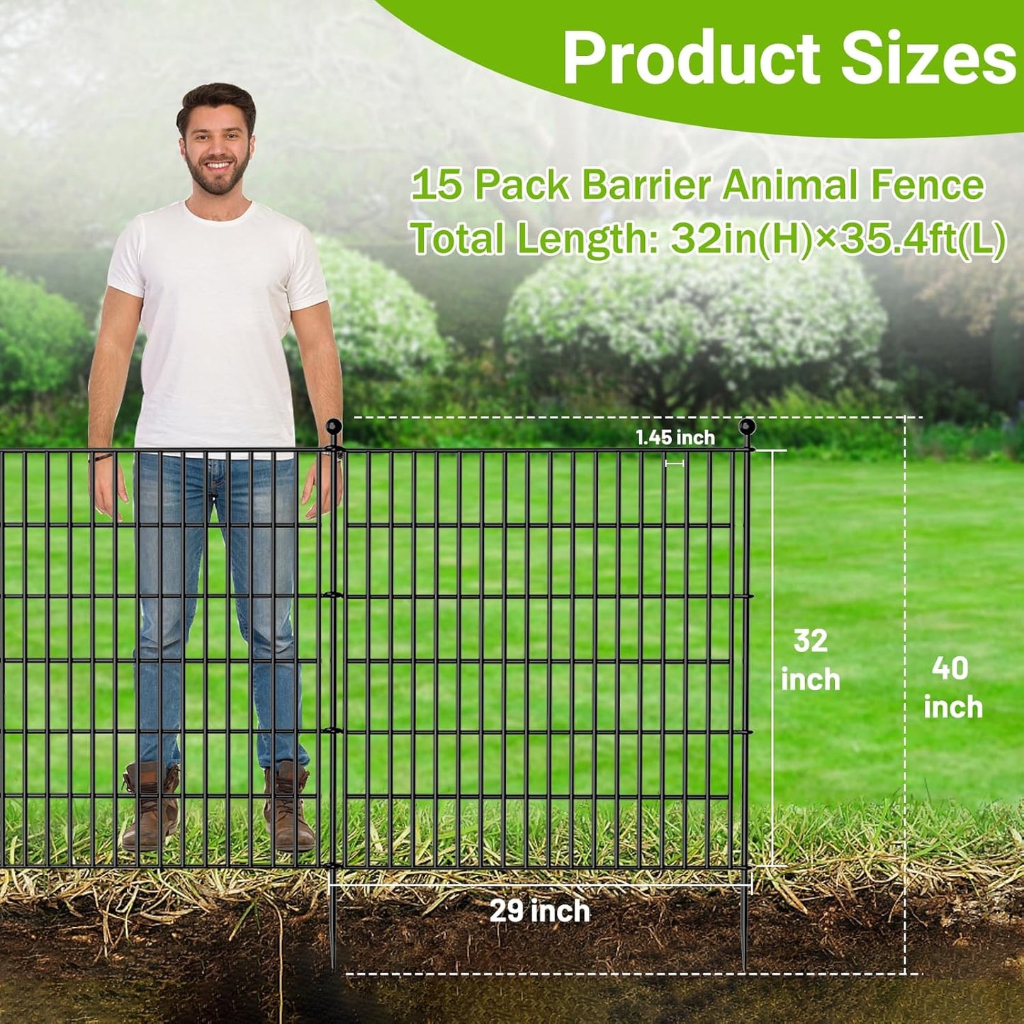 15 Panels No Dig Decorative Outdoor Garden Fence with Gate for Yard, 32 in(H) X 35.4 ft(L) Animal Barrier Fencing Rustproof Metal Wire Panel Border for Dog, Rabbits, and Patio Temporary Ground Stakes