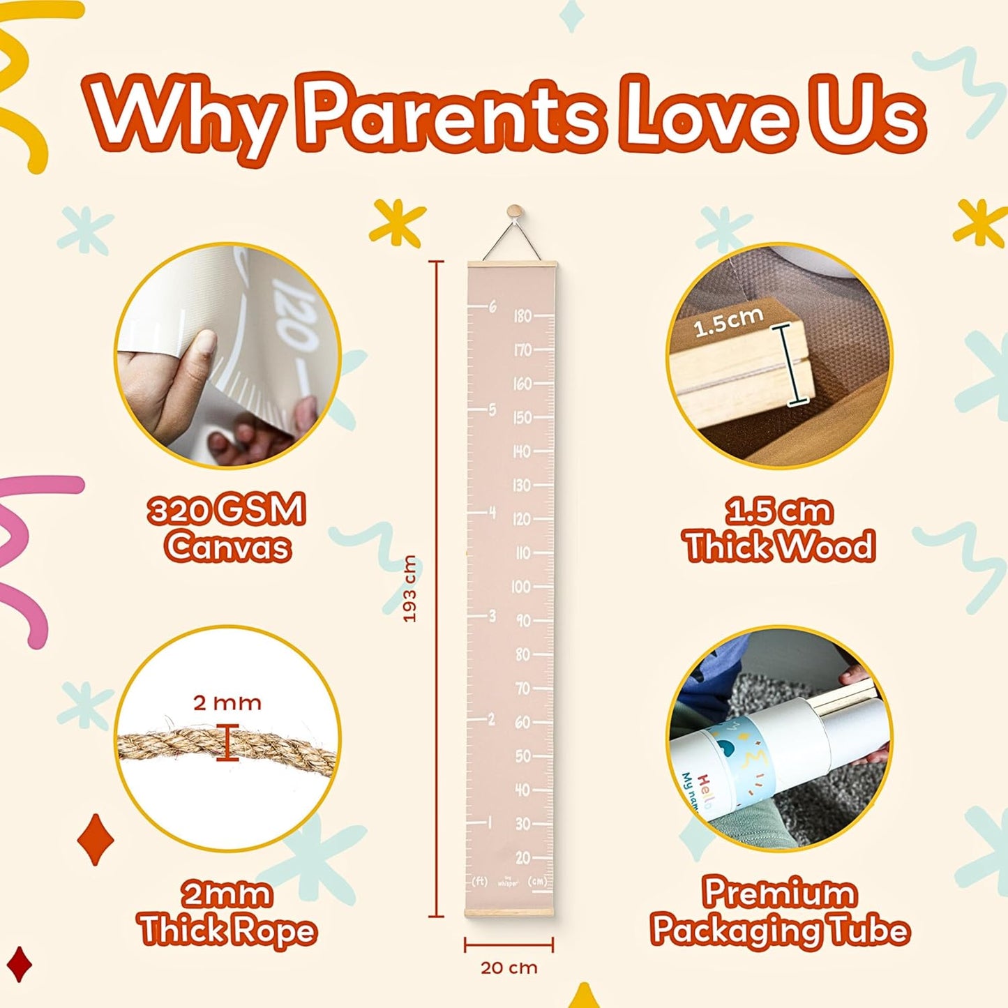 Height Chart for Kids Customizable Kids Height Wall Chart with Stickers, Marker & Hook Hanging Growth Chart Measurement for Wall Easy Installation for Baby Room Nursery and Playroom