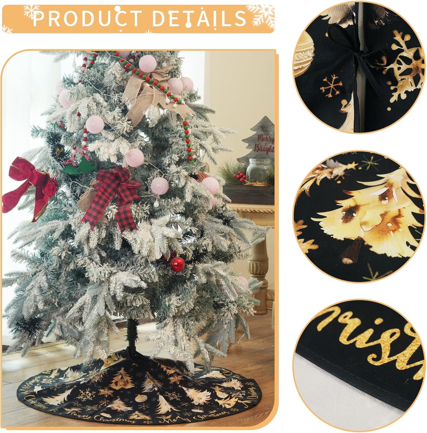 CROWNED BEAUTY Christmas Tree Skirt 36 Inch Xmas Trees Soft Holiday Decoration (Black Gold) TS26-36