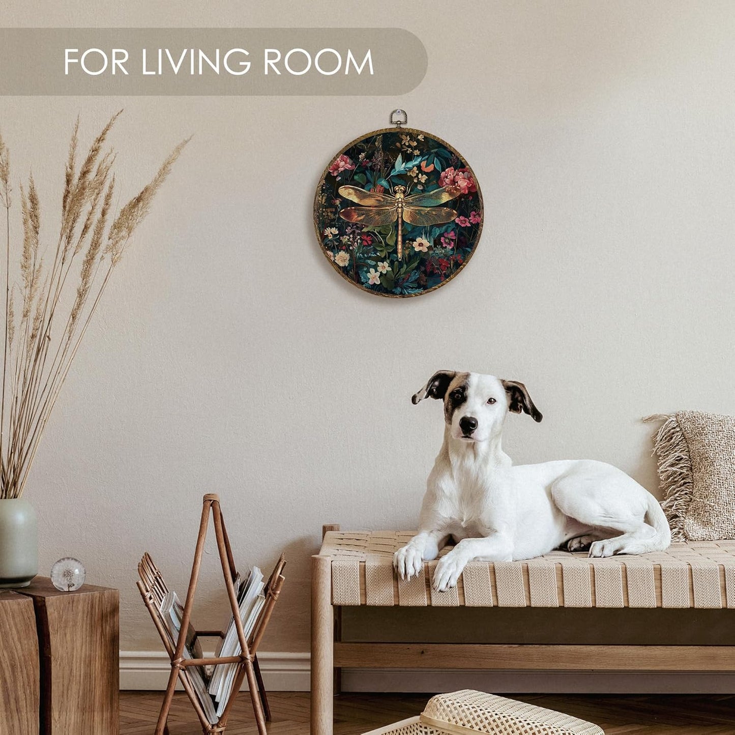 Fewgb Vintage Dragonfly Round Wall Art Decor Framed for Gallery Bedroom Living Room Kitchen Bathroom, Dark Black Floral Canvas Wall Art Prints Picture, Flower Hanging Room Decor Artwork 10x10