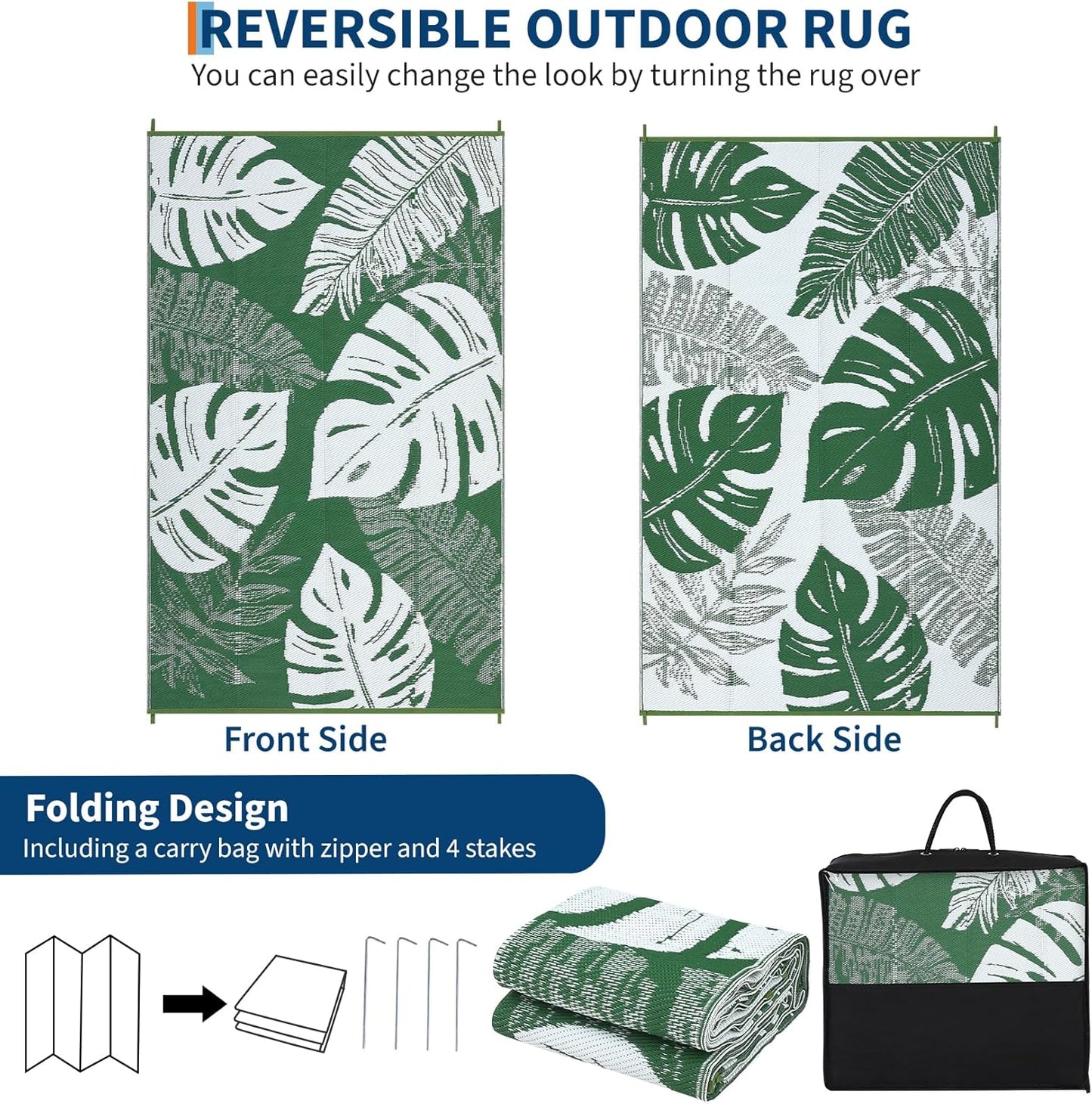 GAOMON Outdoor Rugs 9x18 Waterproof Patio Rug Outdoor Plastic Straw Rug Reversible Camping Mat, Portable RV Picnic Carpet with Bag & 4 Stakes, UV Resistant Outside Carpet for Deck Balcony, Green