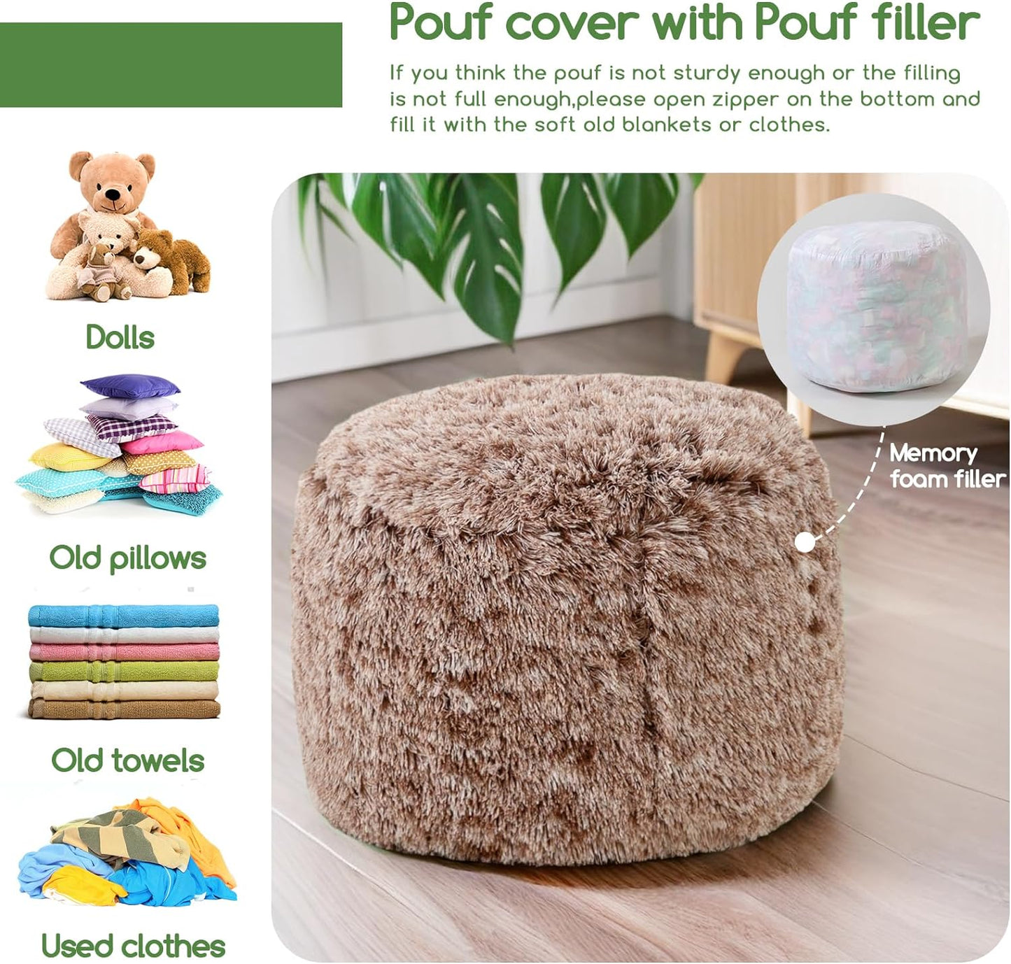 HIGOGOGO Round Stuffed Pouf Ottoman, Long Faux Fur Poufs with Foam Chunk Filling, Fluffy and Furry Pouf Foot Stool Storage Ottoman, 20 X 15 Floor Poufs Foot Rest for Living Room, Snow Coffee