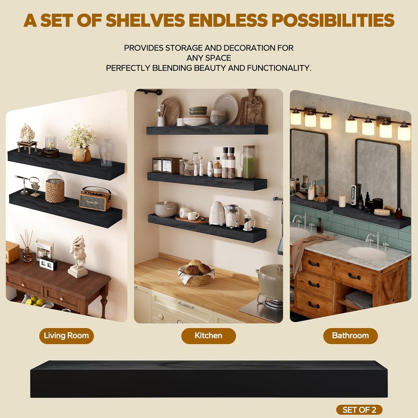 Floating Shelves 3 inch Thick for Wall Set of 2,Solid Pine Wood Wall Mount Shelf for Kitchen Living Room Bedroom Bathroom,8" D x 48" L x 3" H-Black