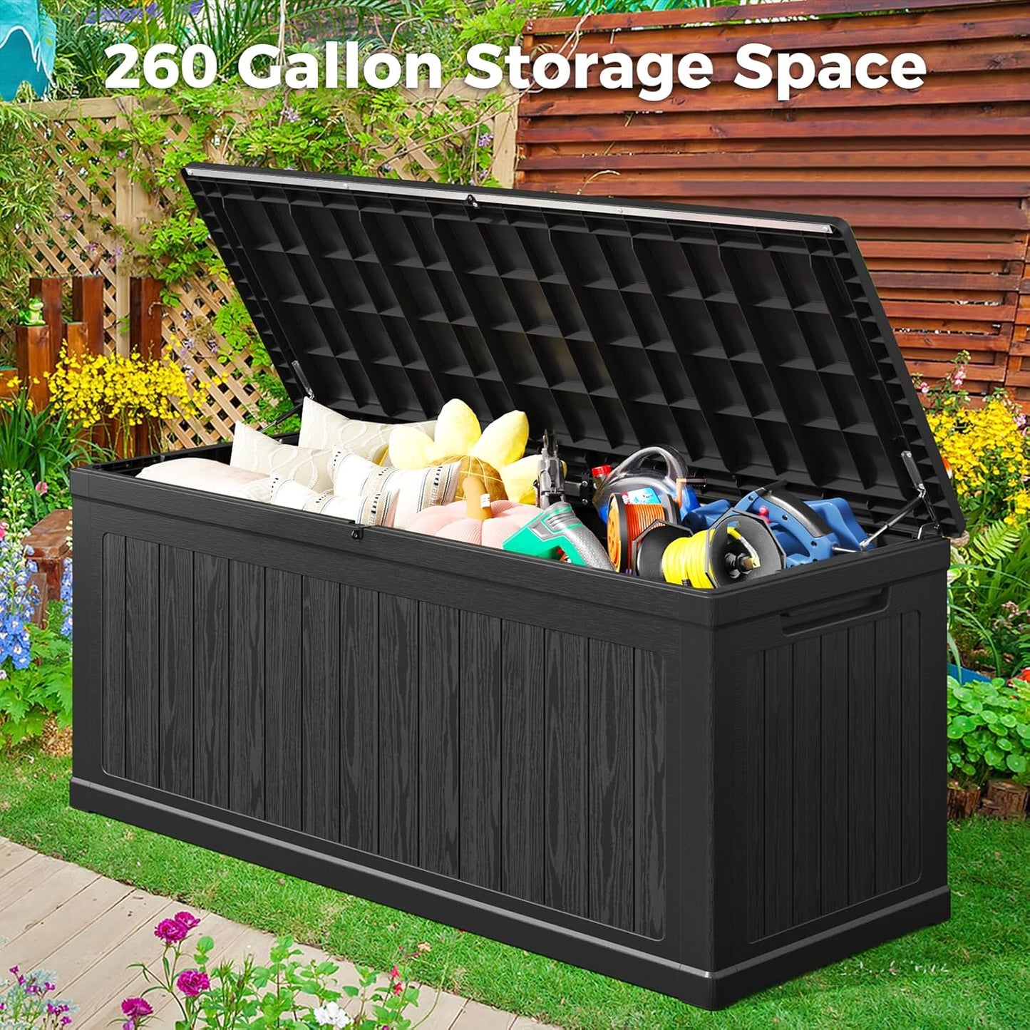 260 Gallon Outdoor Extra Large Resin Storage Box, Waterproof Deck Box Lockable & UV-Resistant, Outside Cushion Storage for Patio Furniture, Garden Tools, Pool Accessories, Black