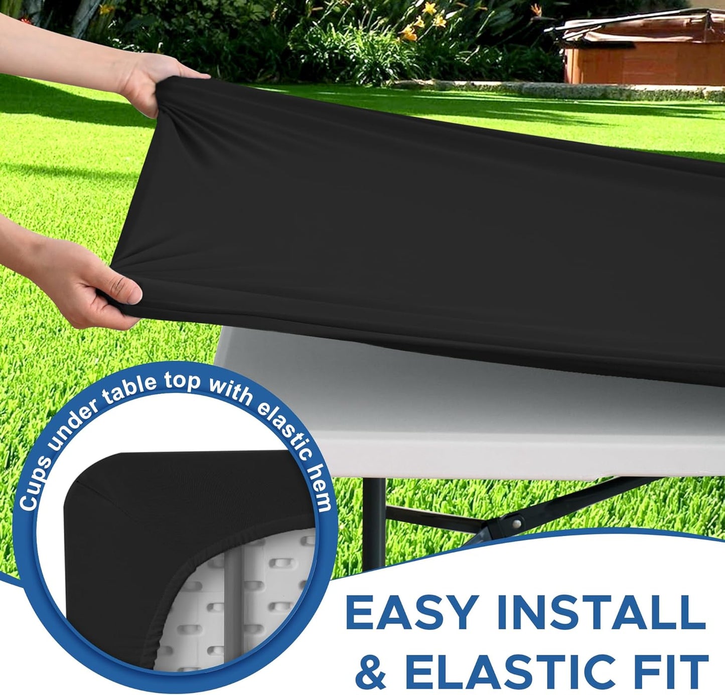 Fitted Tablecloth for 8 Foot Rectangle Tables-4 Pack Black Elastic Outdoor Picnic Table Cover-Spandex Stretch Folding Table Cloths 8ft for Camping Dining Room Patio Kitchen Banquet Party