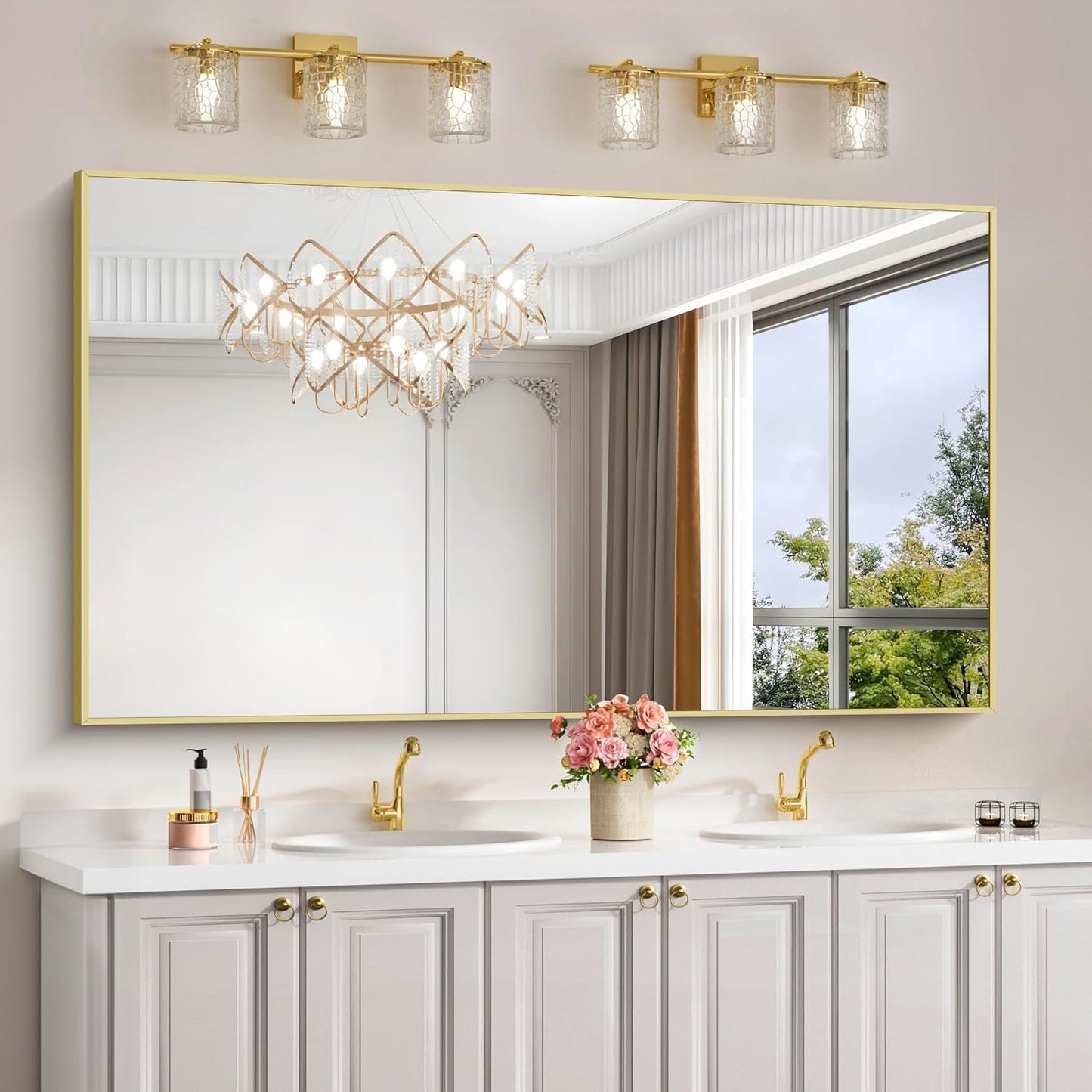 30x55In Gold Bathroom Mirror for Wall, Brushed Gold Rectangle Mirrors with Metal Frame, Bathroom Rectangular Mirror Modern Wall Mirror for Bedroom Living Room, Hangs Horizontal or Vertical