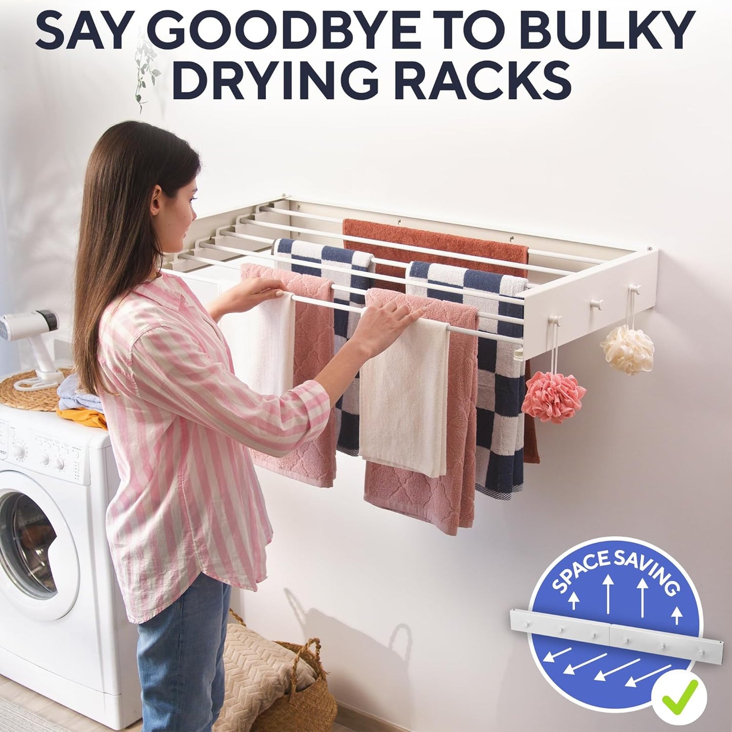 Foldable Wall Mounted Drying Rack 40 inch - Easy to Install Hanging Rack for Laundry Room - Space Saving Design with 66-lb Capacity - Perfect Drying Racks for Clothes Towels & More