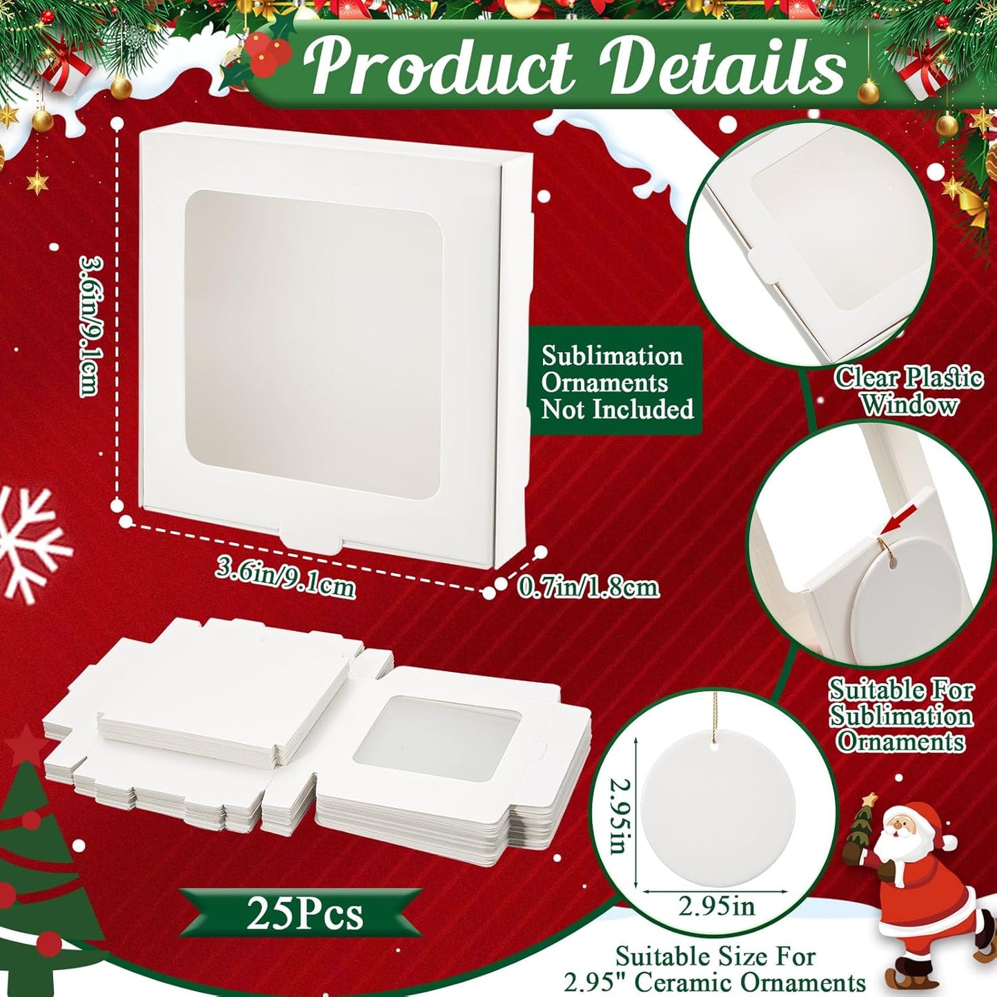 25 Pcs Sublimation Ornament Blanks Box 3.6"x3.6"x0.7" Christmas Ornaments Holder Ceramic Discs Packaging Box with Window for Personalized Xmas Tree Blanks Bulk (White)