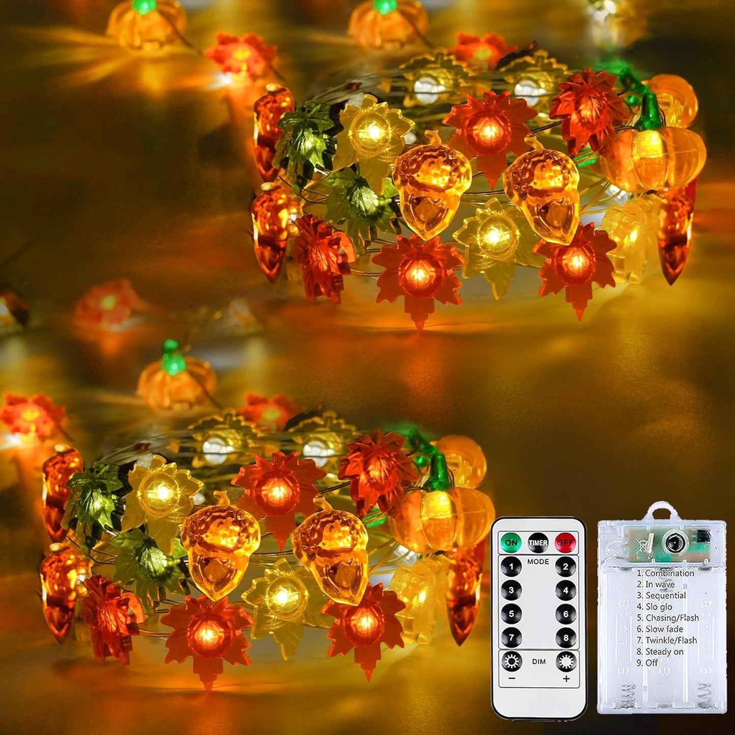 2 Pack 60LED Fall Decoration 3D Pumpkin Acorn Maple Leaf String Light Battery Operated, 20FT Fall Lights with Remote, Waterproof 8 Modes Fairy Lights for Autumn Harvest Thanksgiving Halloween Decor