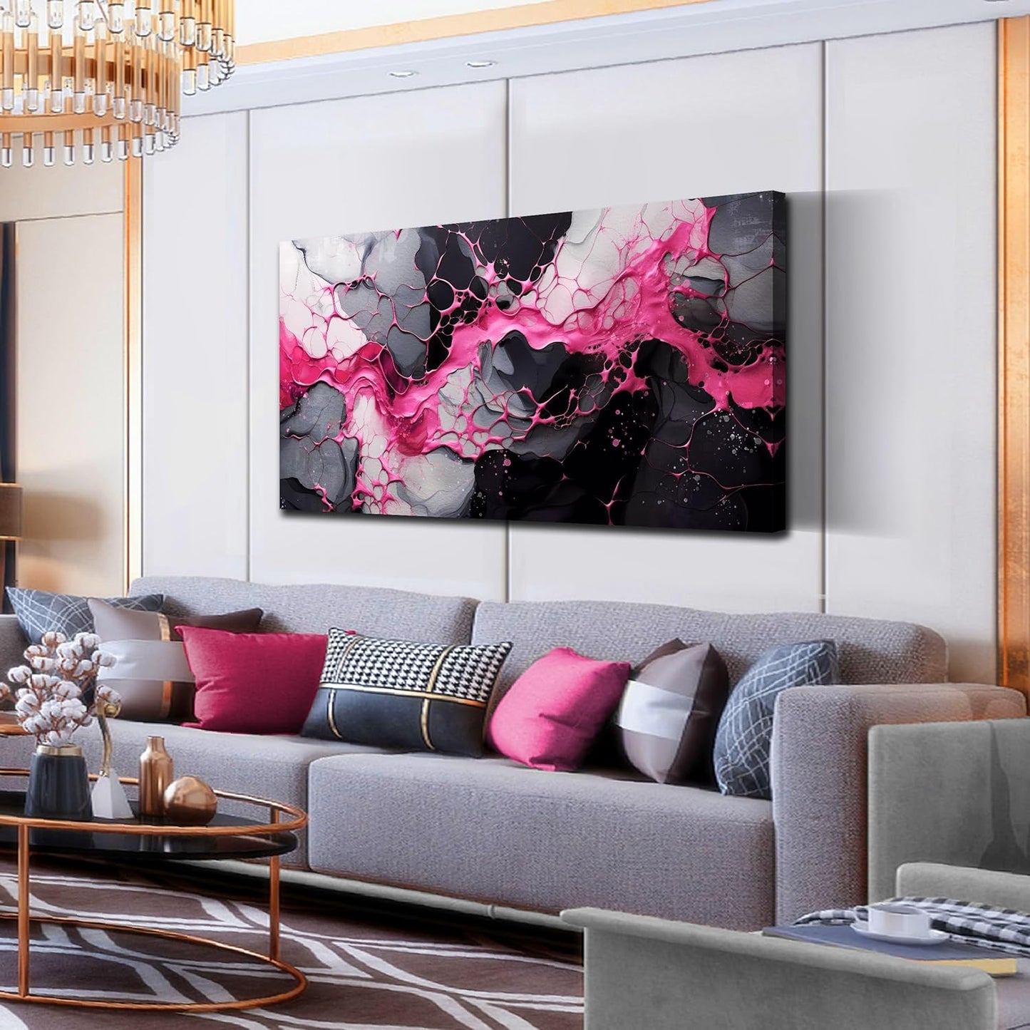 GUGIKA Abstract Wall Art for Living Room, Pink Canvas Wall Decor for Girls Bedroom Decor, Pigment Texture Print, Size 29x59 Inches