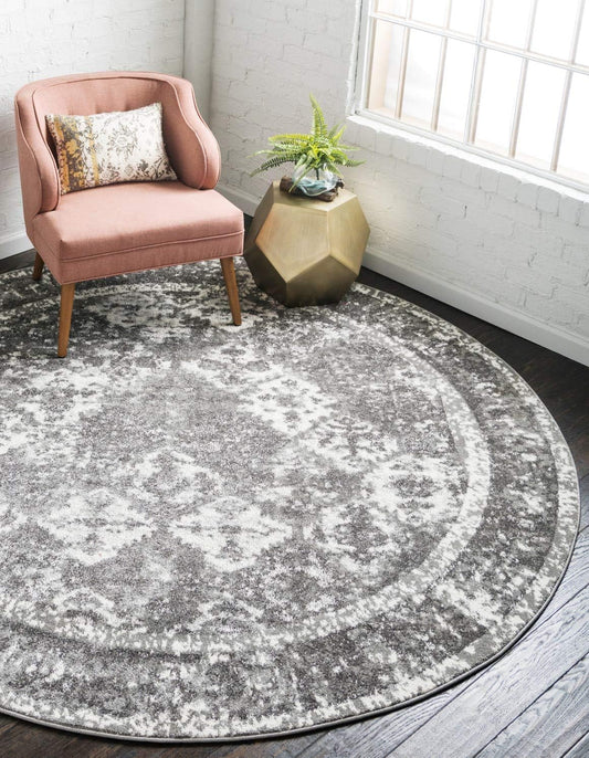 Unique Loom Rosso Collection Vintage, Traditional, Bohemian, Geometric, Distressed, Southwestern Area Rug (4' 0 x 4' 0 Round, Gray/Ivory)