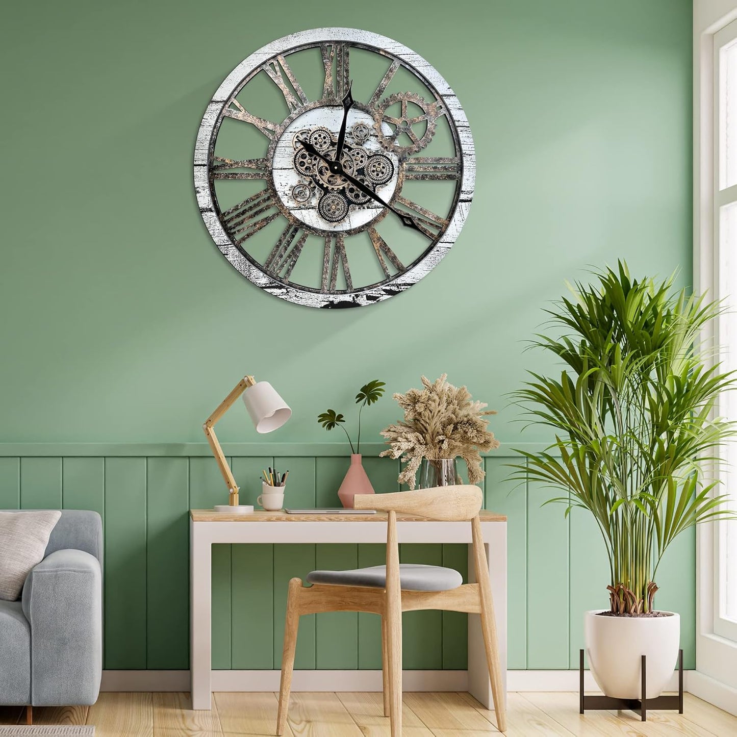 HOIBAI Large Wall Clock Clocks for Living Room Decor Oversized 30 Inch Wall Decor Farmhouse Vintage Rustic Industrial Roman Big Chic Home Decor Wall Clock for House Bedroom, Moving Gears Clock