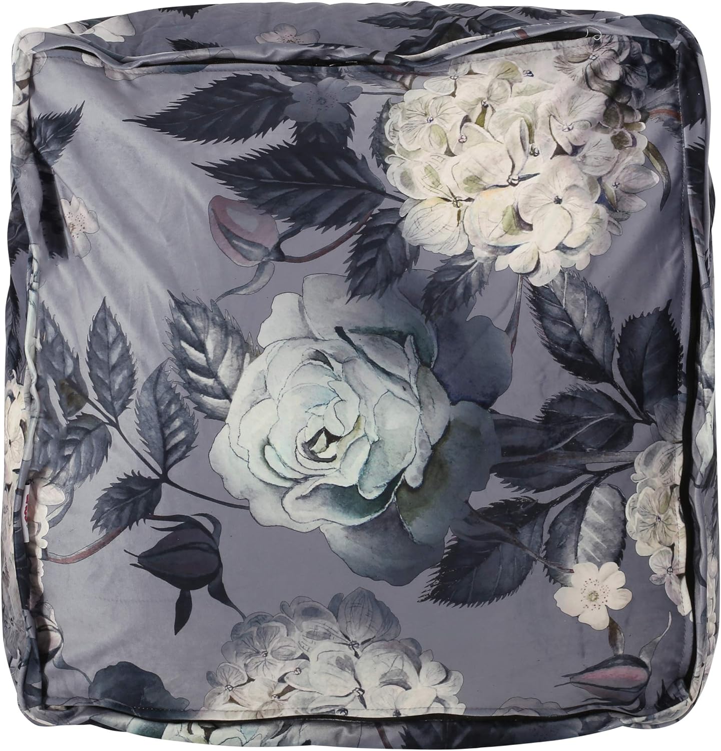 GDFStudio Traditional Velvet Flower Print Cube Pouf Ottoman Foot Stool - Bean Bag Floor Chair - Foot Rest Couch for Living Room Bedroom,Large Flower Print on Gray,24"" x 24"" x 12"", 314502N