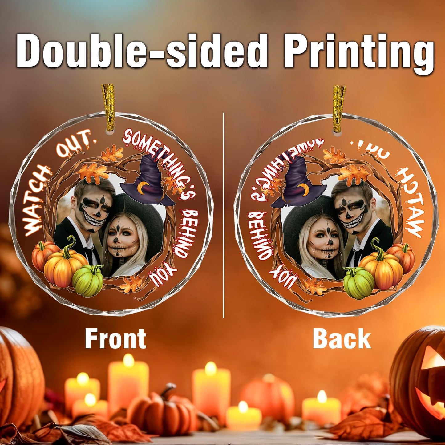 Custom Crystal Ornament, Personalized Halloween Couples/Family Photo Ornament, Halloween Spooky Glass Hanging Decor, Spooky Pendent, Ghost and Pumpkin Hanging Gifts