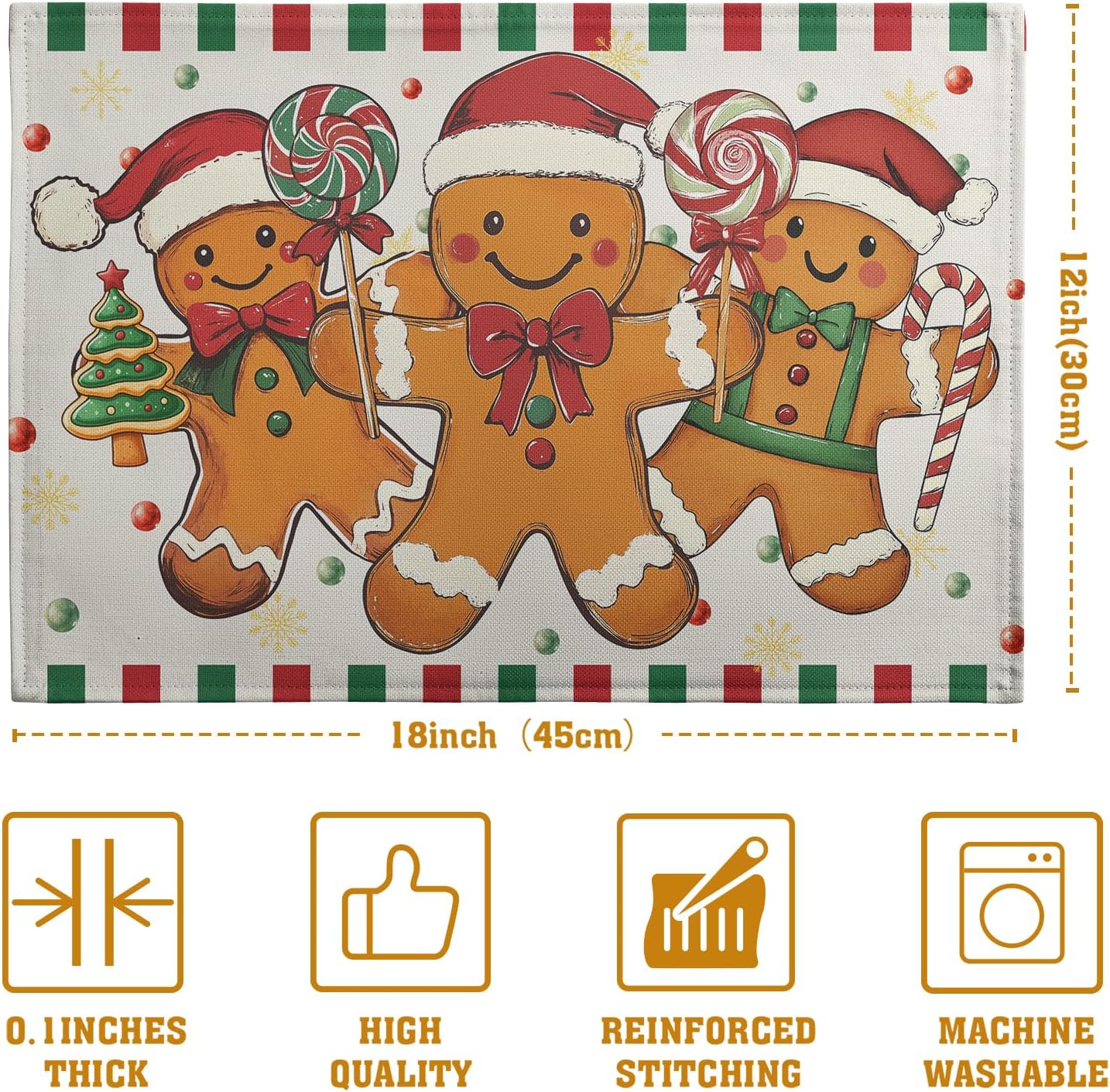 Gingerbread Man Christmas Placemats Set of 4 Candy Cane Xmas Seasonal Holiday Linen Table Mats Red Green Orange Winter Washable Place Mats for Party Kitchen Dining Outdoor Indoor Decor