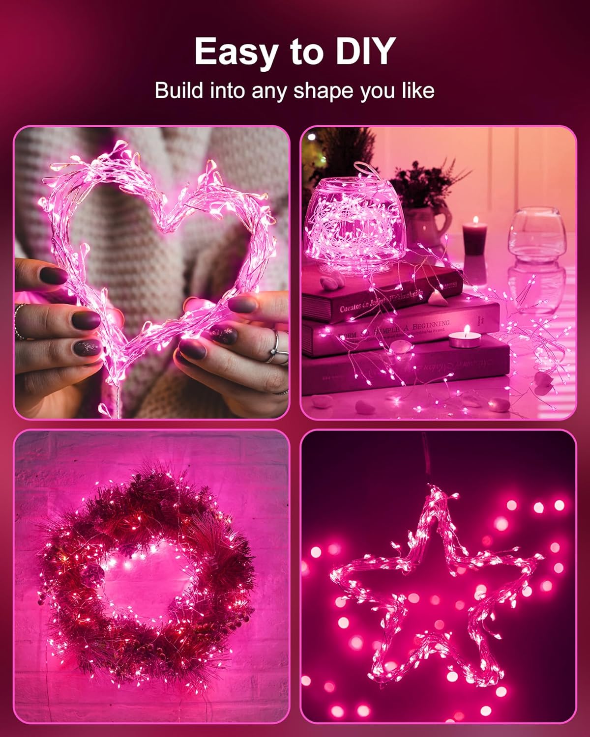 Fairy Lights Battery Operated, Twinkle String Lights Waterproof Silver Wire 5 Ft 60 LED Firecracker Valentine's Lights for DIY Wreath Wedding Bedroom Mason Jar Holiday Christmas Valentine's Day, Pink