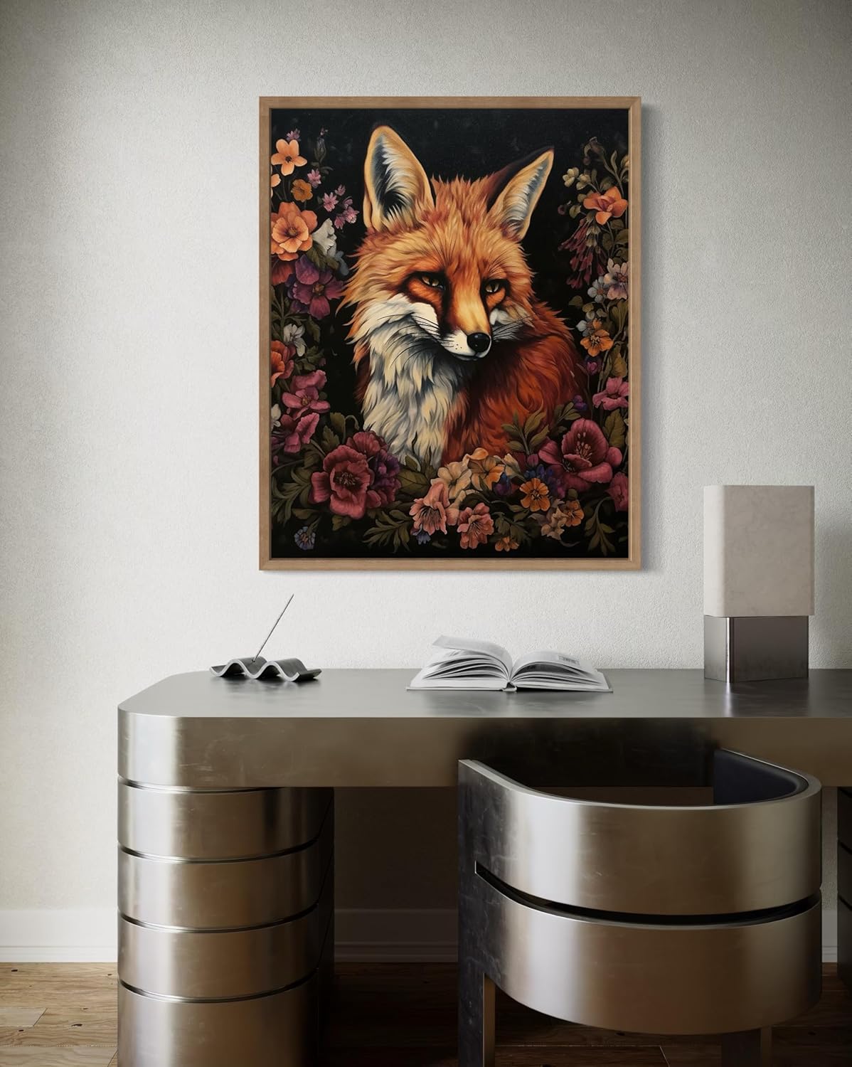 Fox and Flower Poster Art Print, Halloween Scary Vintage Wall Art Academia Spooky Painting Decoration for Horror Prints, Gothic Posters Bedroom Decor 89 (Fox and Flower, 16 x 20 inches, Wood Frame)