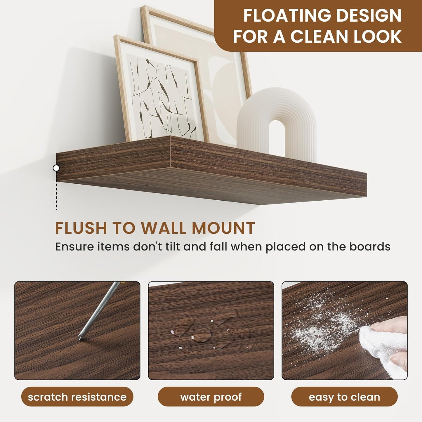 fuqing Floating Shelves for Wall, Bathroom Shelf Wall Mounted for Storage, Shelves with Invisible Bracket for Bedroom, Kitchen, Living Room, Farmhouse Small Book Shelf, 16 Inch Set of 2, Walnut
