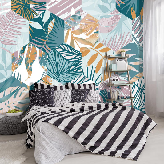 -Abstract Geometry Botanical Banana Leaf Fabric Wallpaper Living Room Bedroom Bathroom Tropical Plant Leaf Large Wall Mural- 183"x120"（ not Peel and Stick）