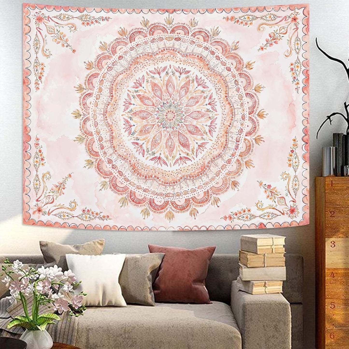 Fowocu Boho Floral Mandala Tapestry Wall Hanging Pink Bohemian Flower Medallion Tapestry Aesthetic Watercolor Hippie Indian Small Tapestries for Bedroom Living Room Dorm Decor 40 x 30 Inch