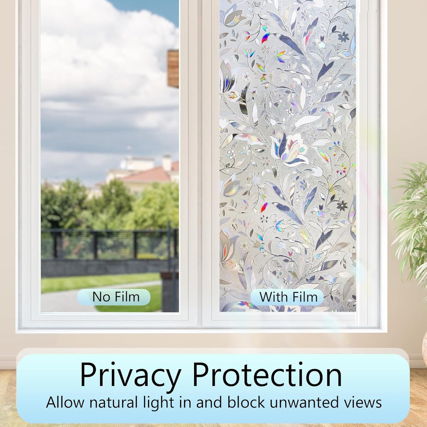 HIDBEA Window Privacy Film, 3D Stained Glass Static Cling - Sun Blocking Anti-UV Heat Control, Reusable Decorative Film for Home/Office Doors, Rainbow Tulip Design (23.6 in x 78.7 in)