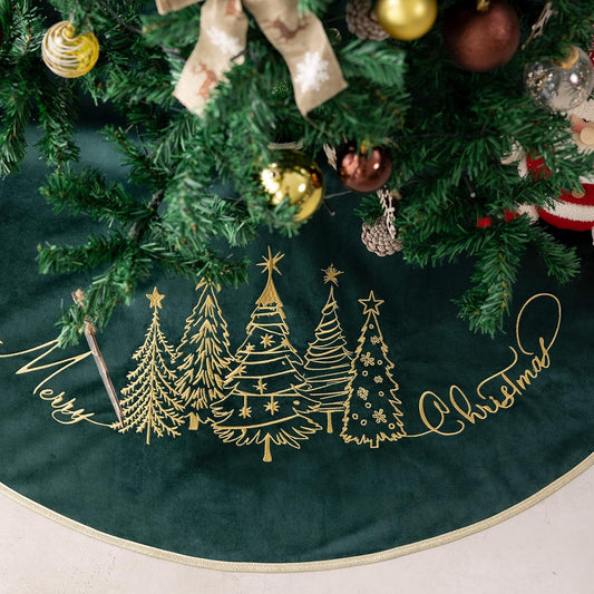 CROWNED BEAUTY Christmas Tree Skirt Velvet Collar 50 Inch Embroidered Gold Soft Plush Fur Holiday Decoration (Green) TS43-50