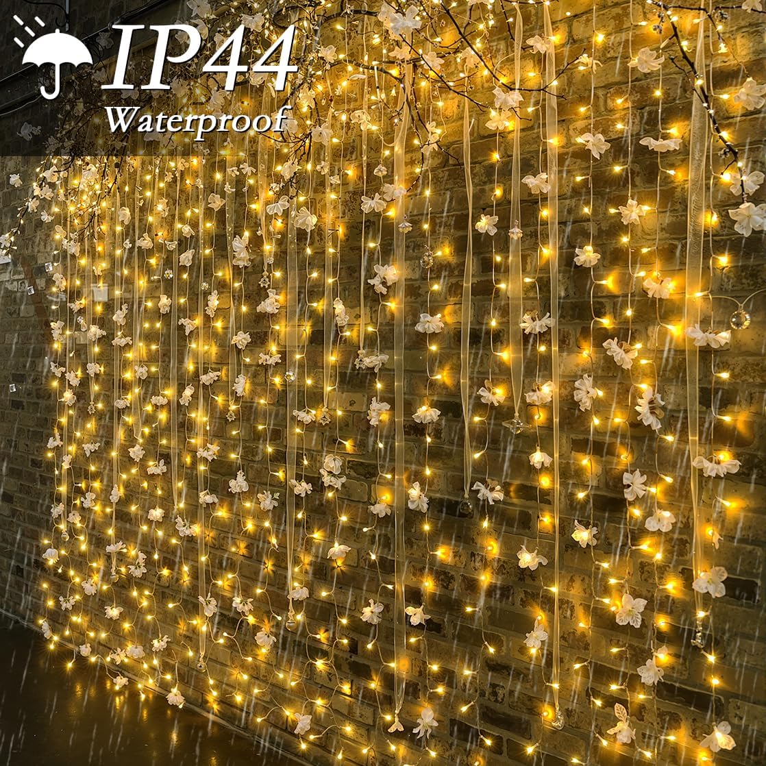 300 LED Curtain String Lights 9.8FT Plug in Fairy Lights with Timer and 8 Modes, Waterproof Window Wall Lights for Bedroom Wedding Party Indoor Outdoor Christmas Decor