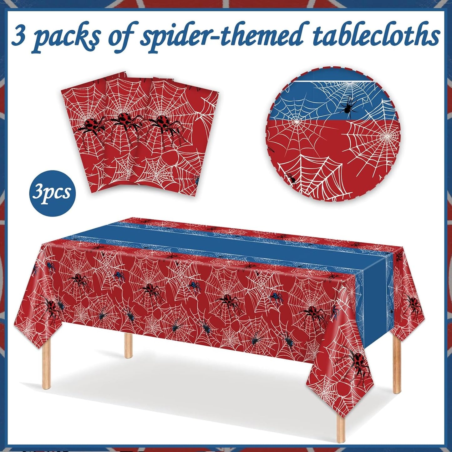 3 Pcs Spider Birthday Party Tablecloth 54 x 108 inch Plastic Table Cloth Disposable Red and Blue Tablecloth Rectangle Table Cover for Spider Birthday Party Decorations Halloween Supplies