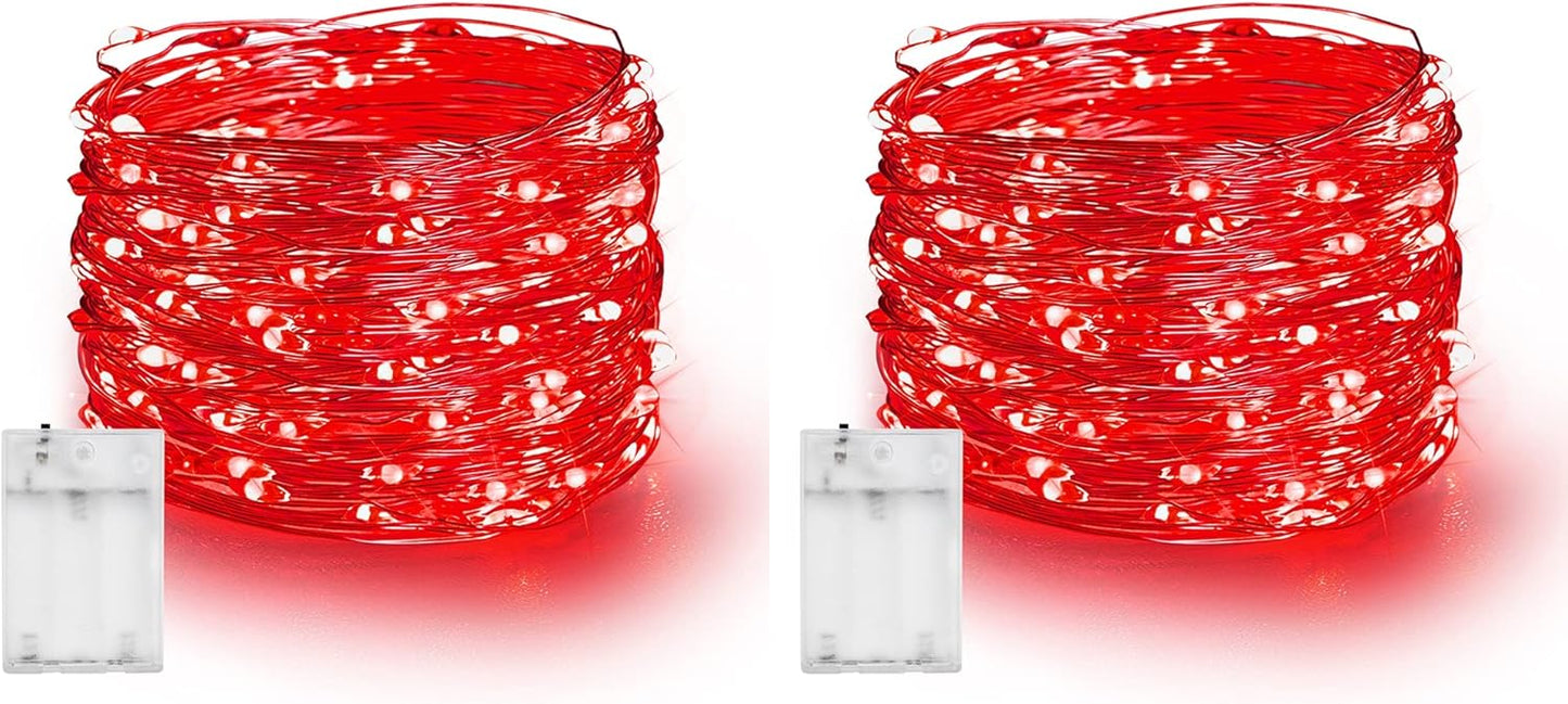 Dazzle Bright Fairy Lights Battery Operated, 2 Pack Total 40FT 120LED Silver Wire Waterproof Battery Operated String Lights, Christmas Decorations for Indoor Outdoor Bedroom Yard Decor, Red