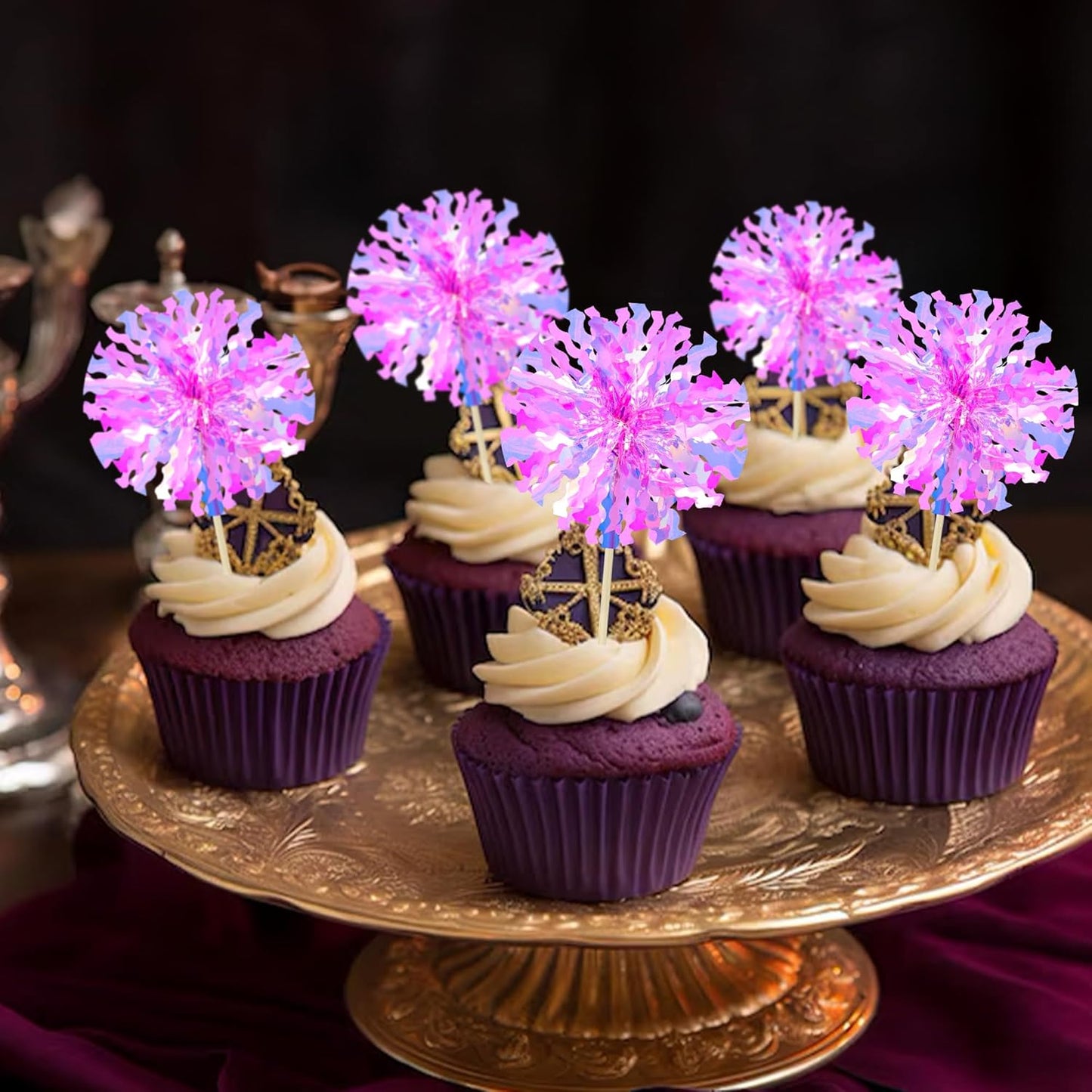 Ephlyn 30Pcs Foil Firework Cupcake Toppers Happy Birthday Cake Toppers Tinsel Flower Drink Stirrers Cocktail Food Fruit Toothpicks for Valentine's Day Party Decorations Rose Red