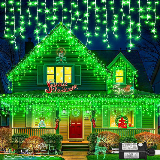 33ft Icicle Lights for Outside, Green Christmas Lights Outdoor Waterproof, 400 LED Twinkle Tree With 75 Drops Clear Wire Short Curtain for House, Room, Home Wall Indoor Decorations
