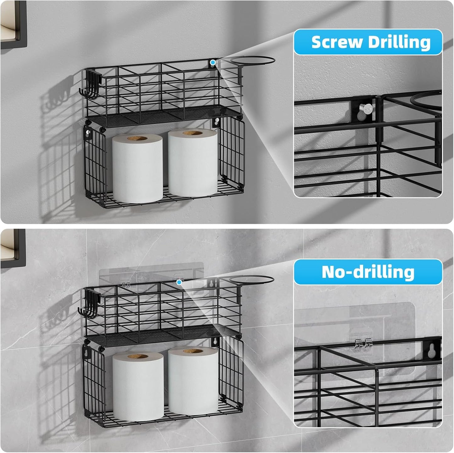 VITVITI Metal Hair Tool Organizer with Toilet Paper Basket, Bathroom Blow Dryer Curling Iron Holder Wall Mount, 2 Tiers Styling Tools Organizer for Straightener with Hooks, Black