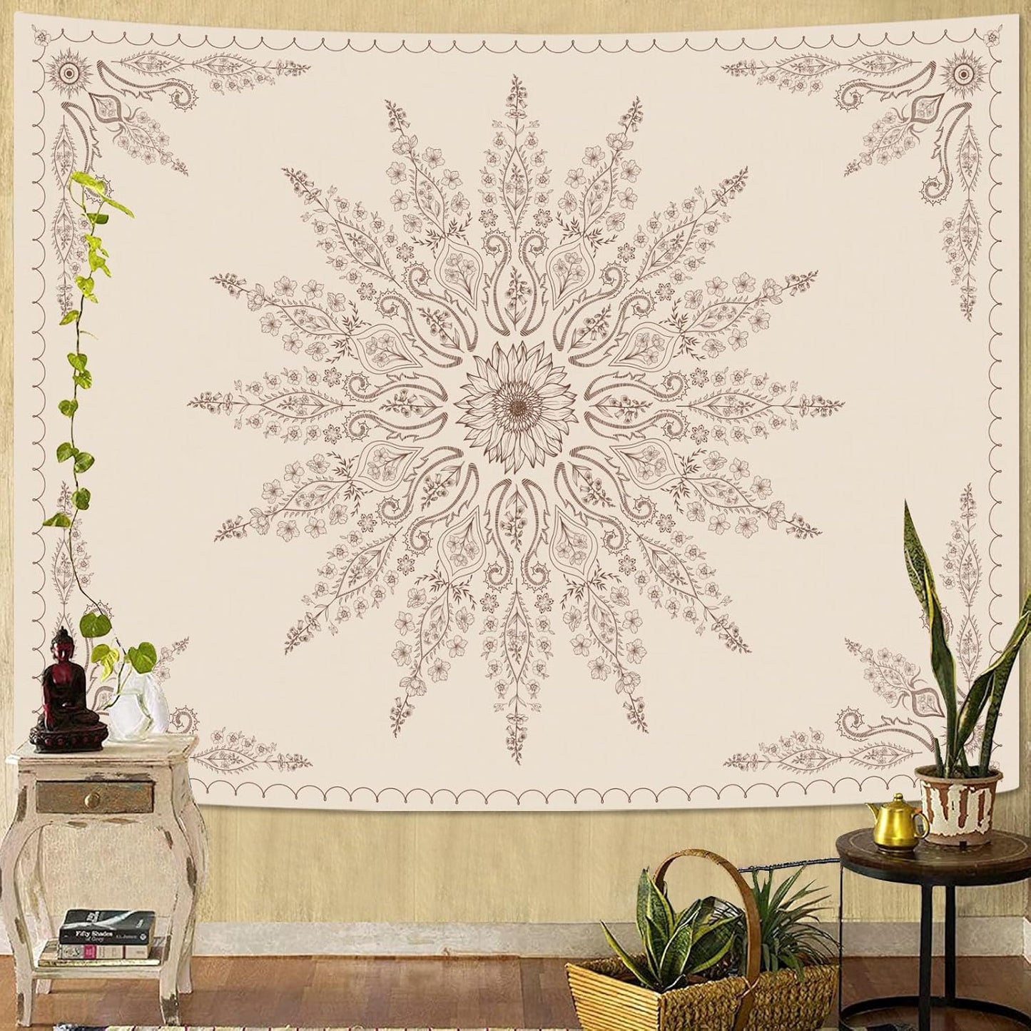 Fowocu Boho Floral Mandala Tapestry for Bedroom Aesthetic Bohemian Flower Wall Tapestry Beige Hippie Indian Extra Large Tapestries Wall Hanging for Living Room Dorm Decor 90 x 68 Inch