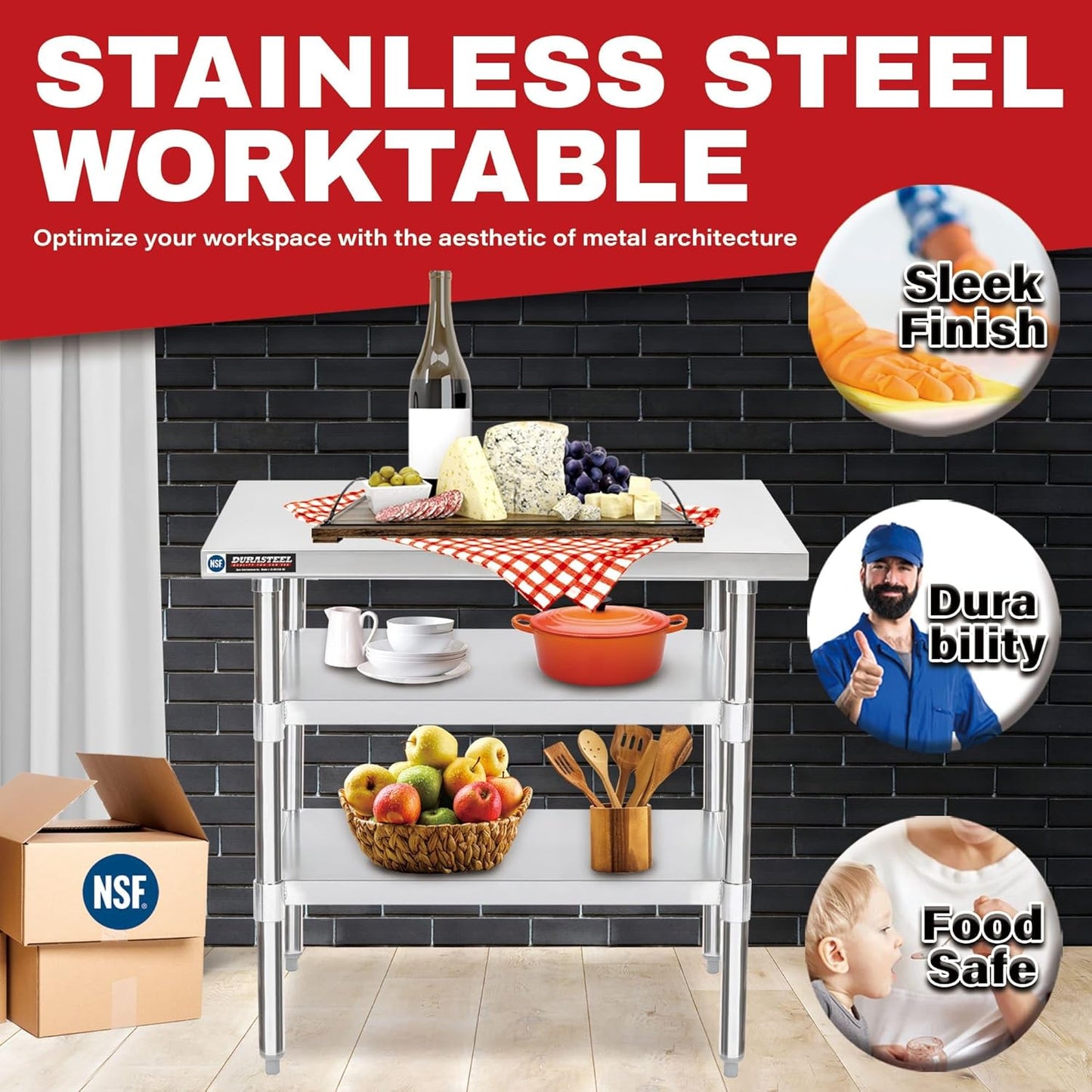 DuraSteel Food Prep Stainless Steel Table - 24 x 36 Inch Commercial Metal Workbench with Adjustable Under Shelf - NSF Certified - for Restaurant, Warehouse, Home, Kitchen, Garage