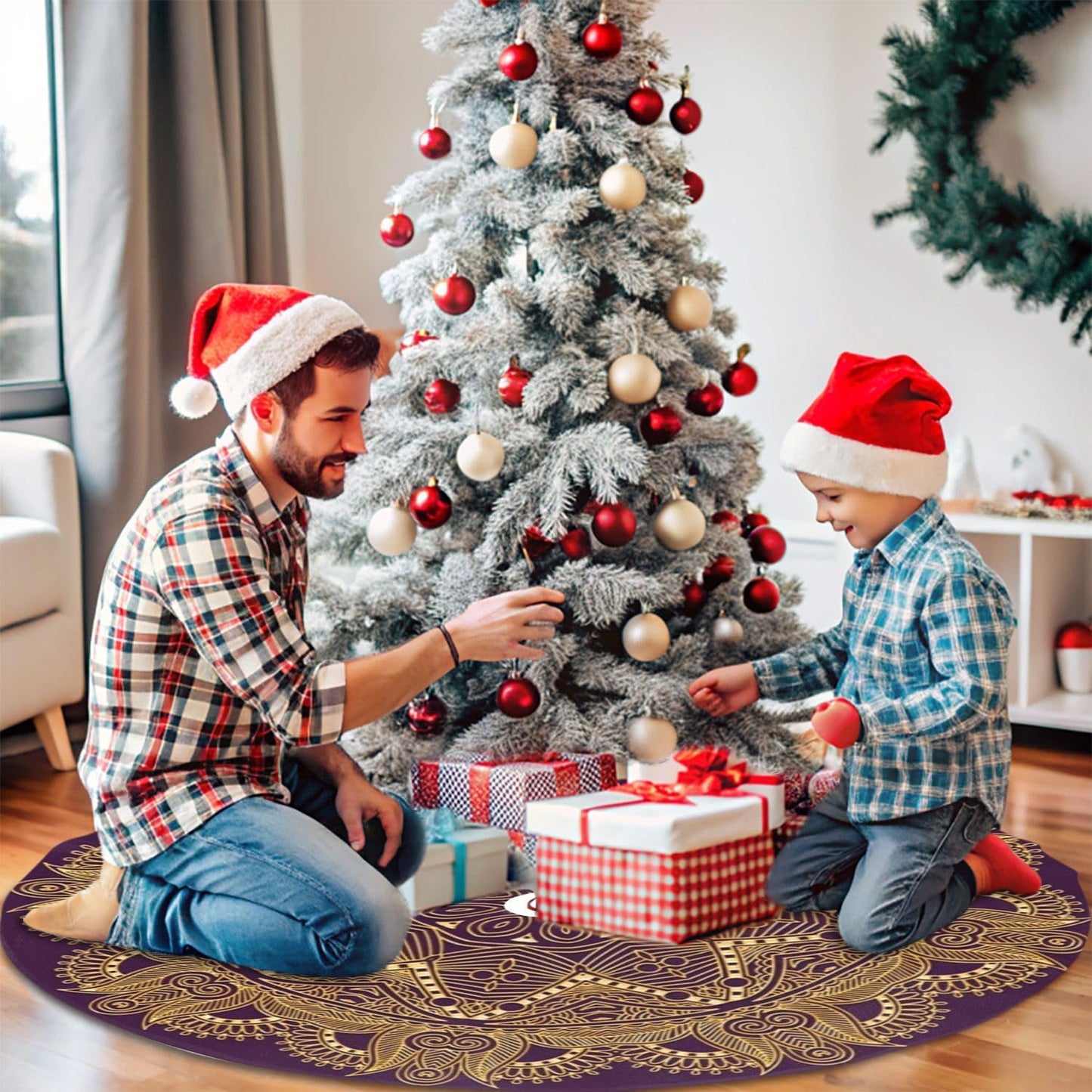 36" Dark Amethyst Purple Mandala Star Christmas Tree Skirt Tree Mat Base Cover for Xmas Festive Holiday Party Decoration Ornaments