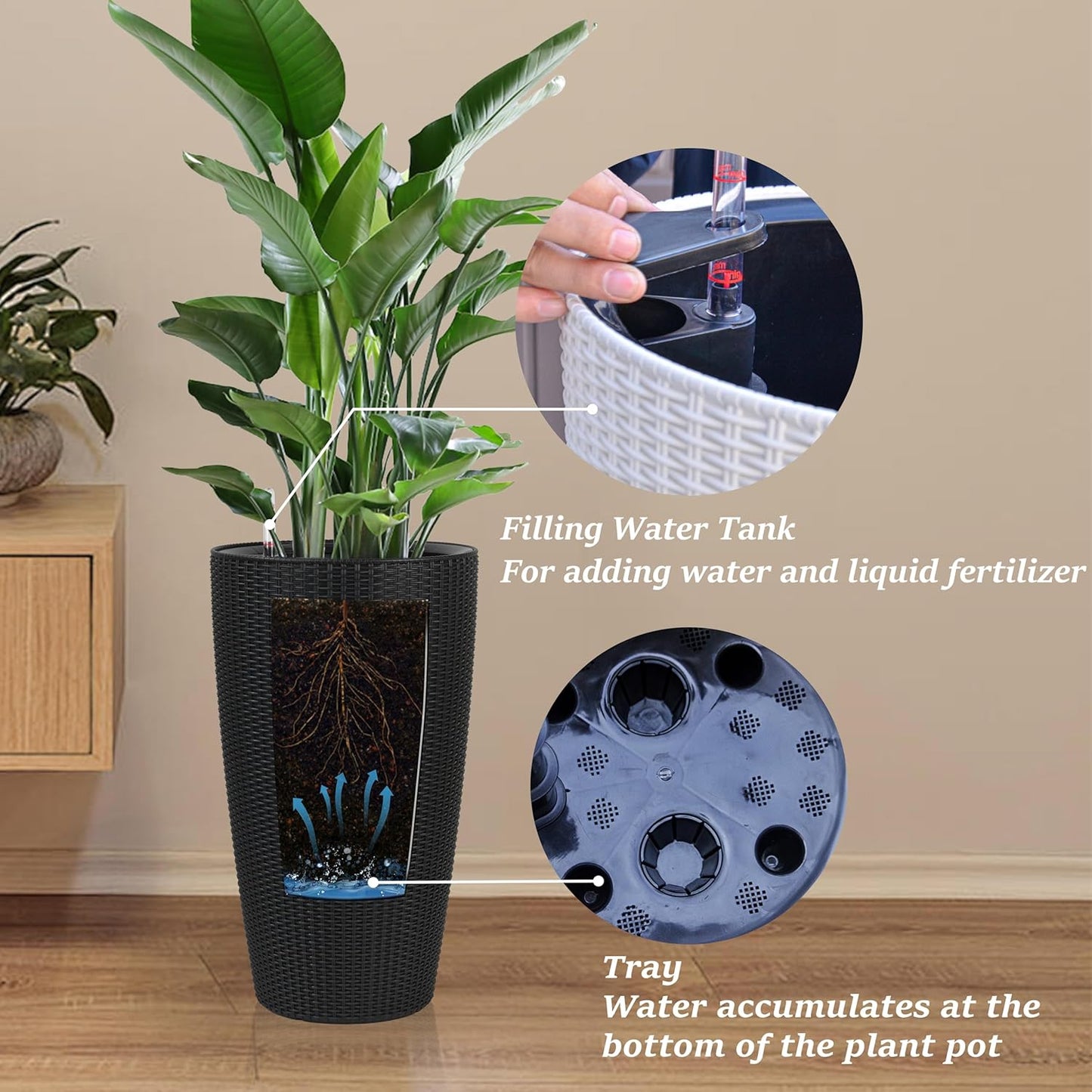 2Pack 22" High Modern Plant Pots Planter-Self-Watering Indoor/Outdoor Planting with Drain Holes, Water Level Monitor, Inner Bucket for Front Porch Patio, Black Rattan Conical
