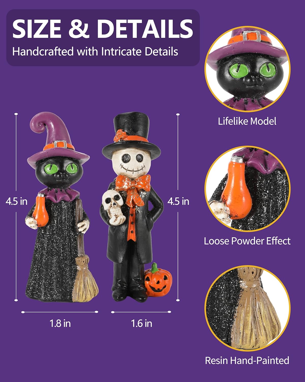 Cute Halloween Decor - 2-Pack 4.5'' Resin Skeleton Gentleman and Witch Broom Figurines - Indoor Halloween Decorations for Home Mantle Fireplace Party Gifts (Ghost & Witch)