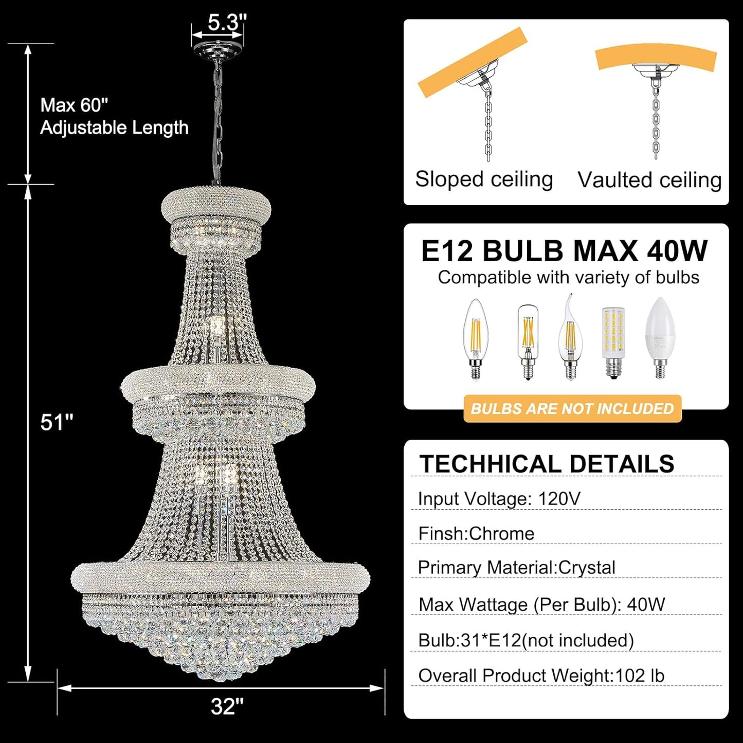 31 - Light Large Empire Crystal Chandelier for High Ceiling Foyer Entryway Staircase Living Room Dining Room Chrome Finish