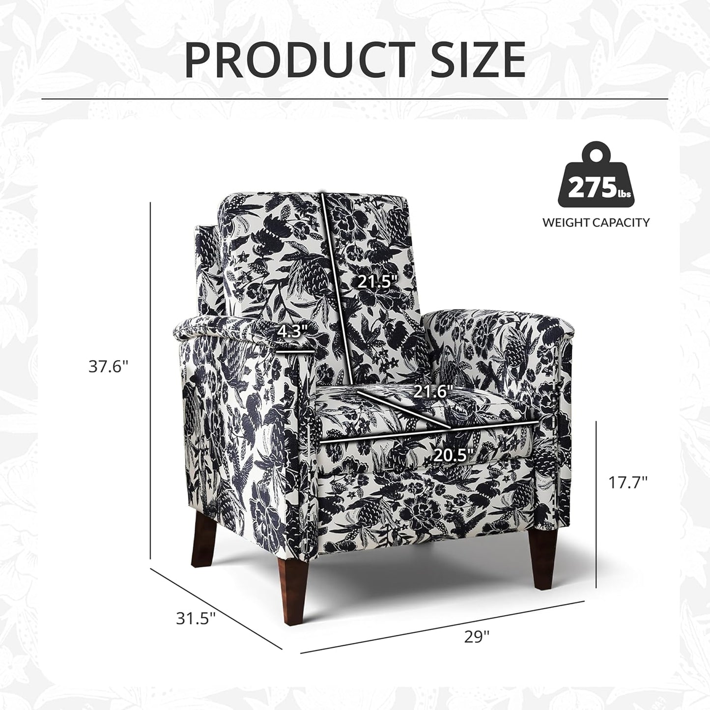 Floral Accent Chair, High Back Upholstered Armchair with Solid Wooden Legs, Padded Armrest and Removable Comfortable Cushioned Seat Single Sofa for Living Room, Bedroom, Black